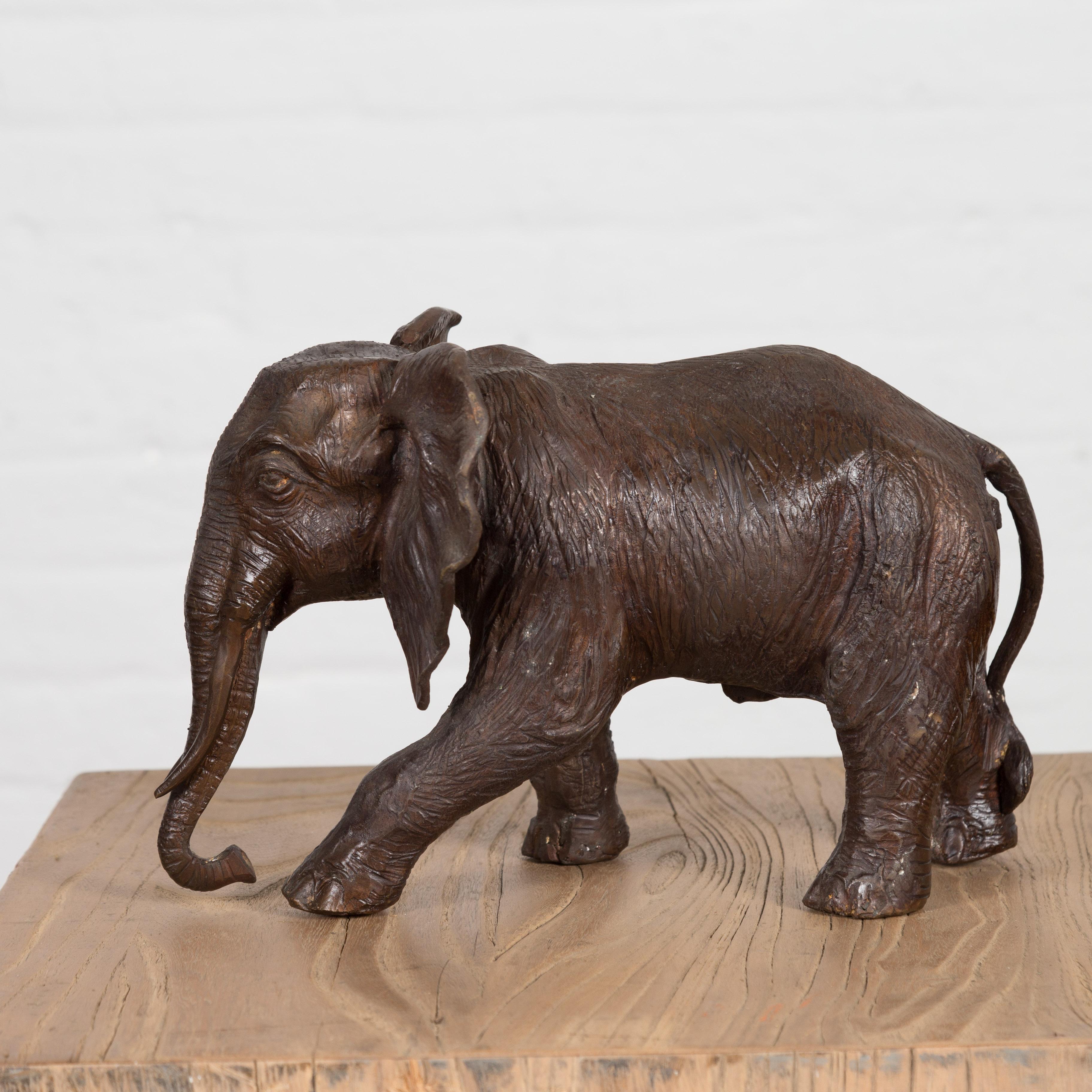 Walking Baby Elephant Lost Wax Cast Bronze Tabletop Sculpture with Dark Patina For Sale 12