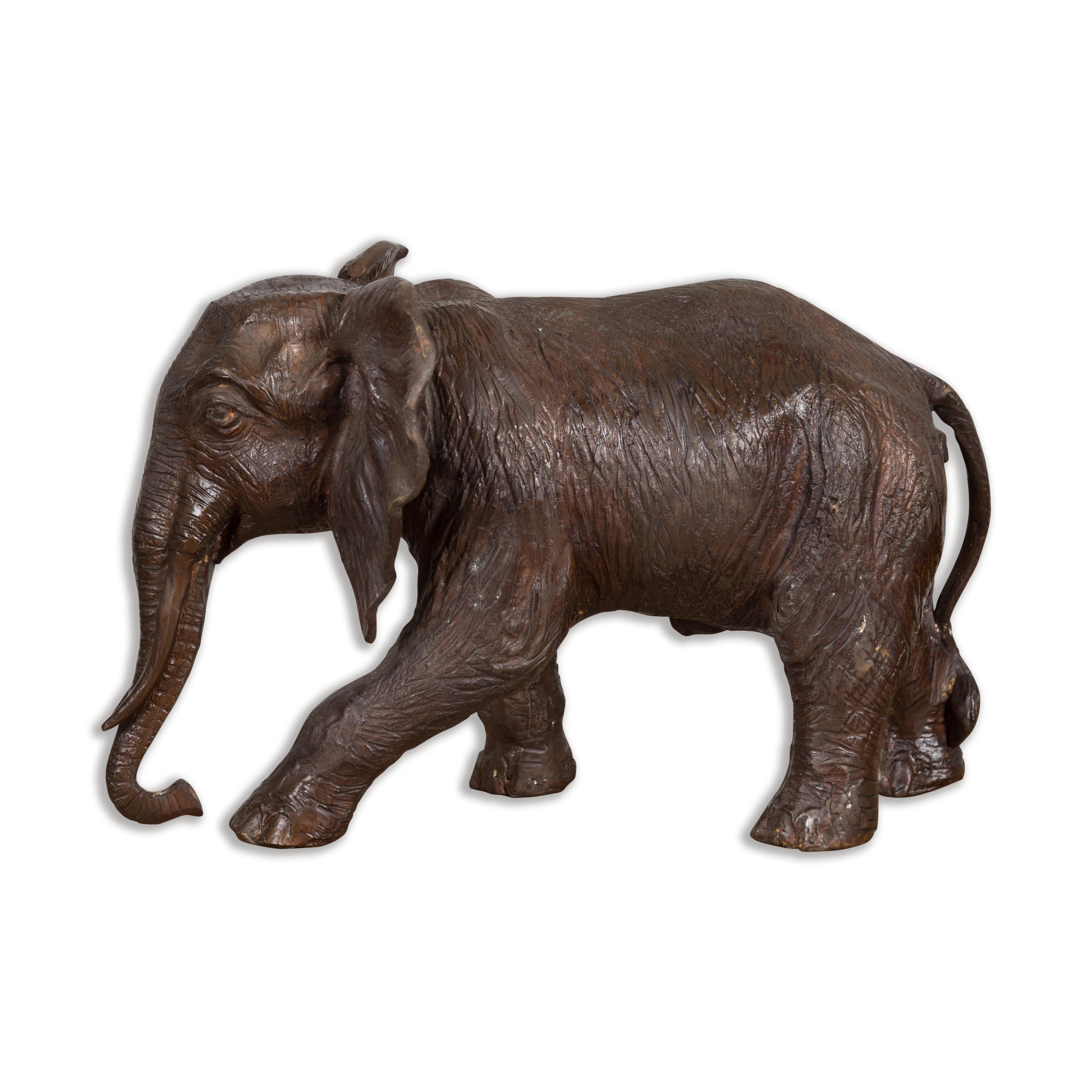 Walking Baby Elephant Lost Wax Cast Bronze Tabletop Sculpture with Dark Patina For Sale 13