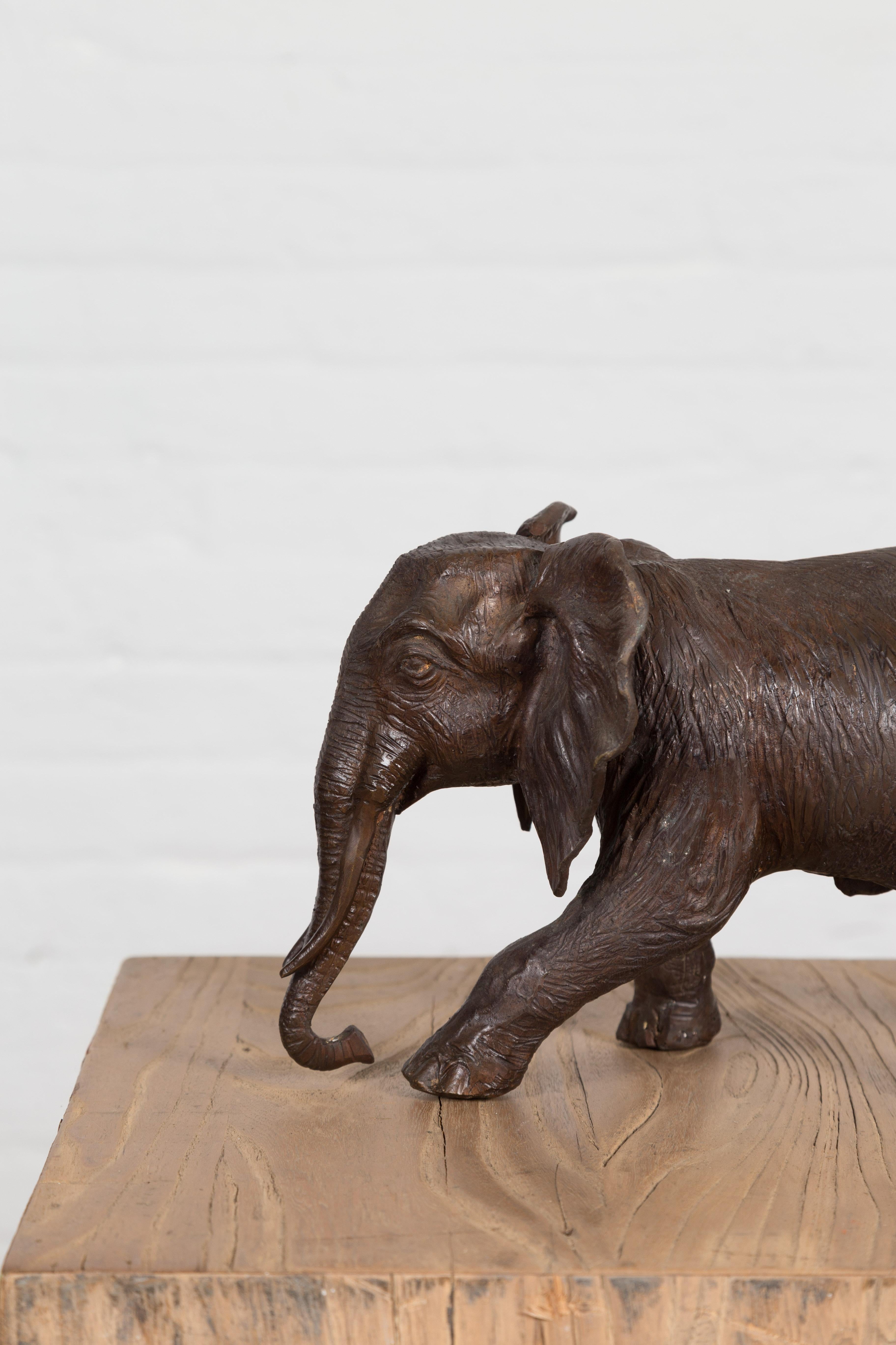 Walking Baby Elephant Lost Wax Cast Bronze Tabletop Sculpture with Dark Patina For Sale 2