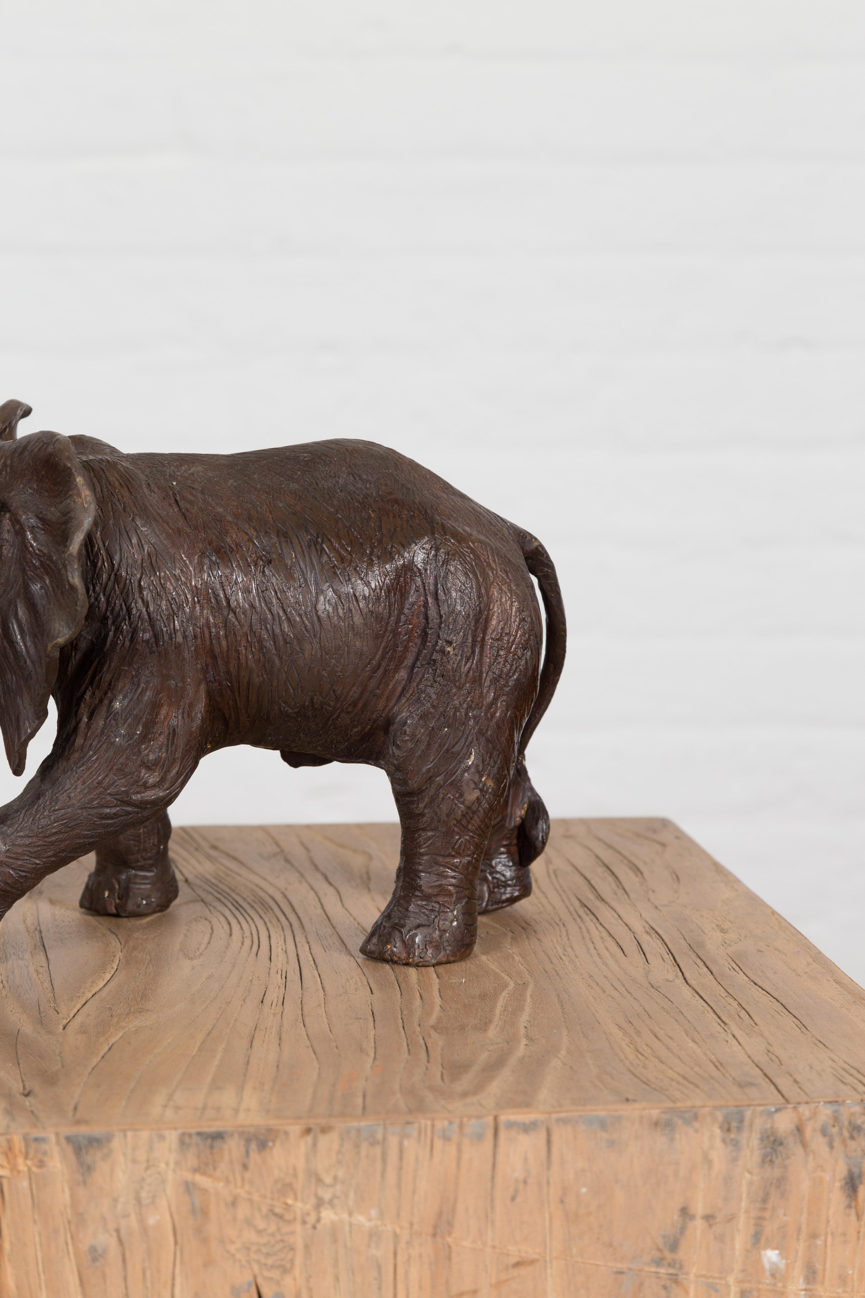 Walking Baby Elephant Lost Wax Cast Bronze Tabletop Sculpture with Dark Patina For Sale 3