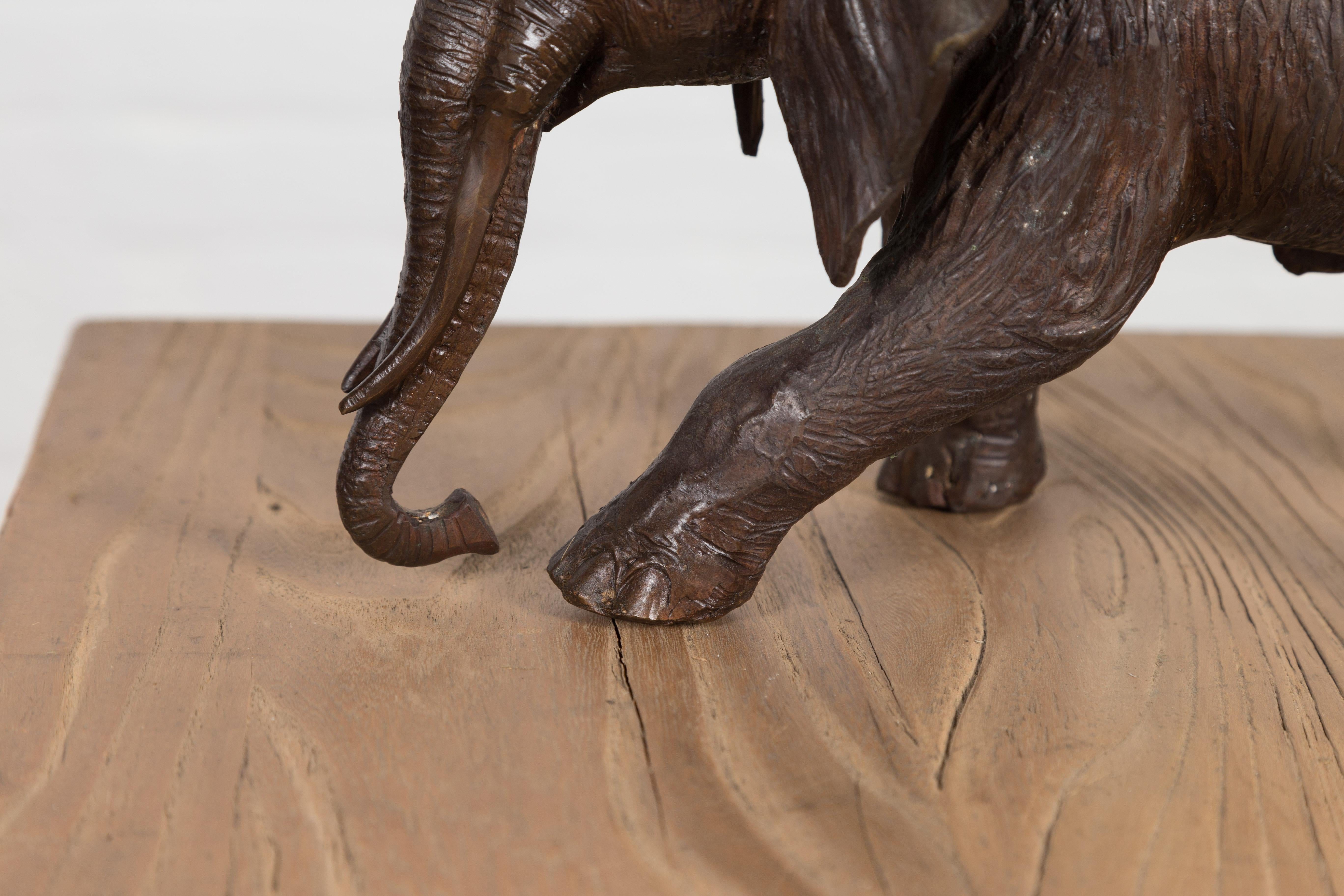 Walking Baby Elephant Lost Wax Cast Bronze Tabletop Sculpture with Dark Patina For Sale 4