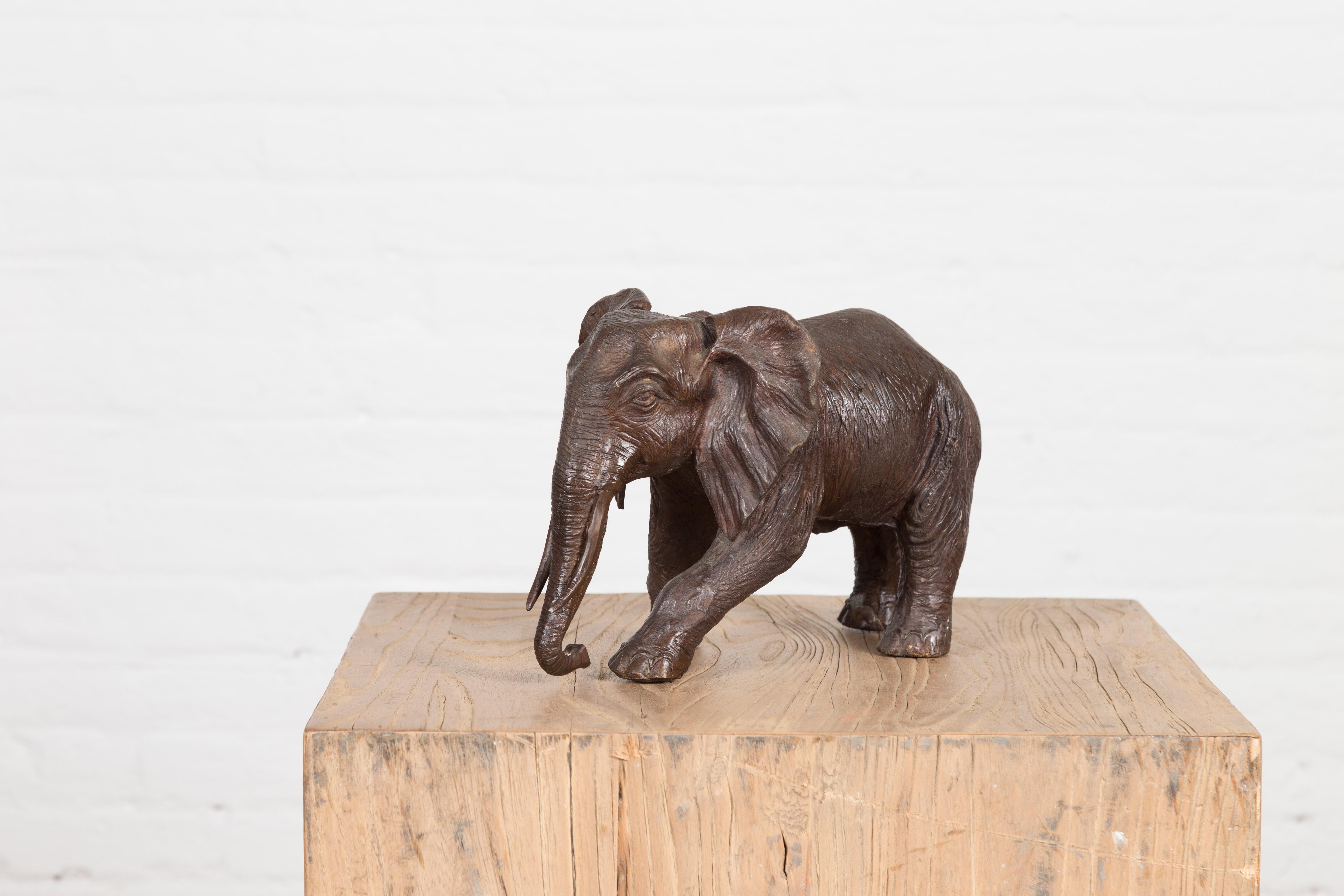 Walking Baby Elephant Lost Wax Cast Bronze Tabletop Sculpture with Dark Patina For Sale 5