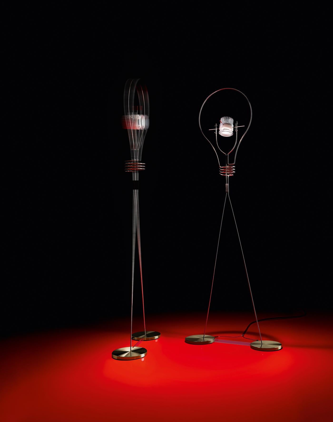 Walking bulb by Michel Sempels 2015.

Walking bulb combines the unique, magical beauty of the incandescent bulb with cutting-edge LED technology. It is slender and light, made of a stainless steel wire. Walking Bulb seems to stride forward,