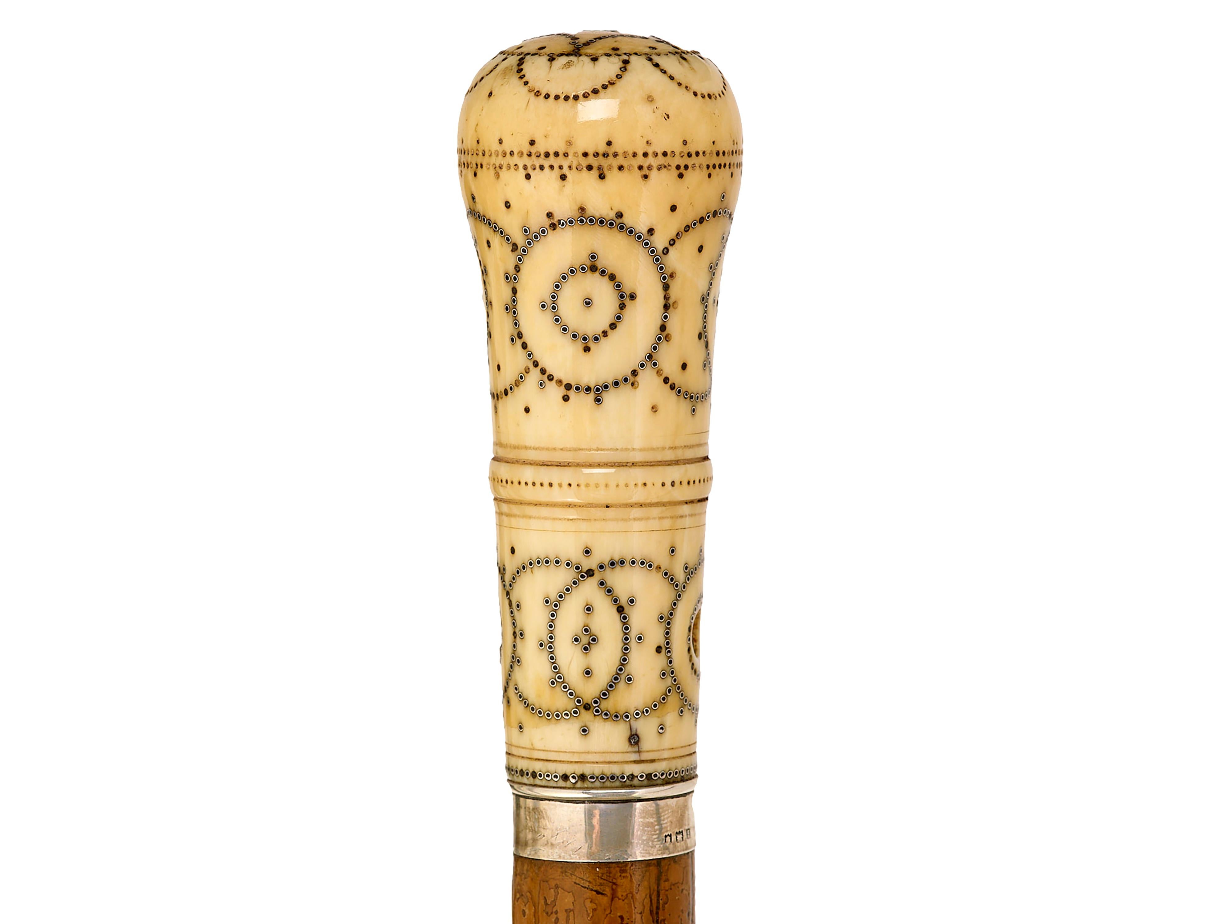 Walking cane 17th century with piquet decoration LU8492234907052
Fine piquet worked pommel, on malacca shaft with original ferrule. Circa 1690. 
Will be supplied with Ivory Submission Reference No.
L 92cm, w 4cm, d 4cm.
