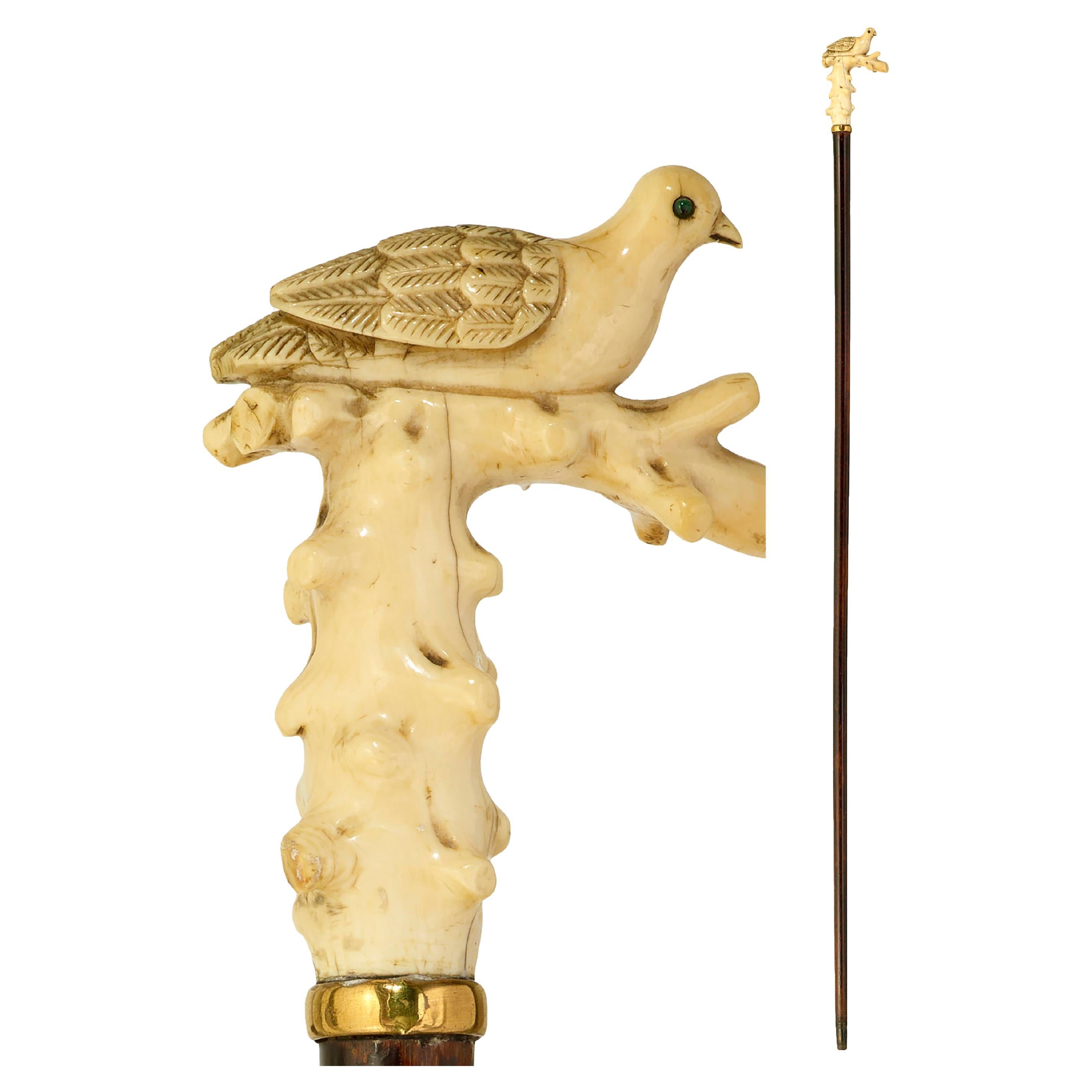 Walking cane carved dove handle For Sale