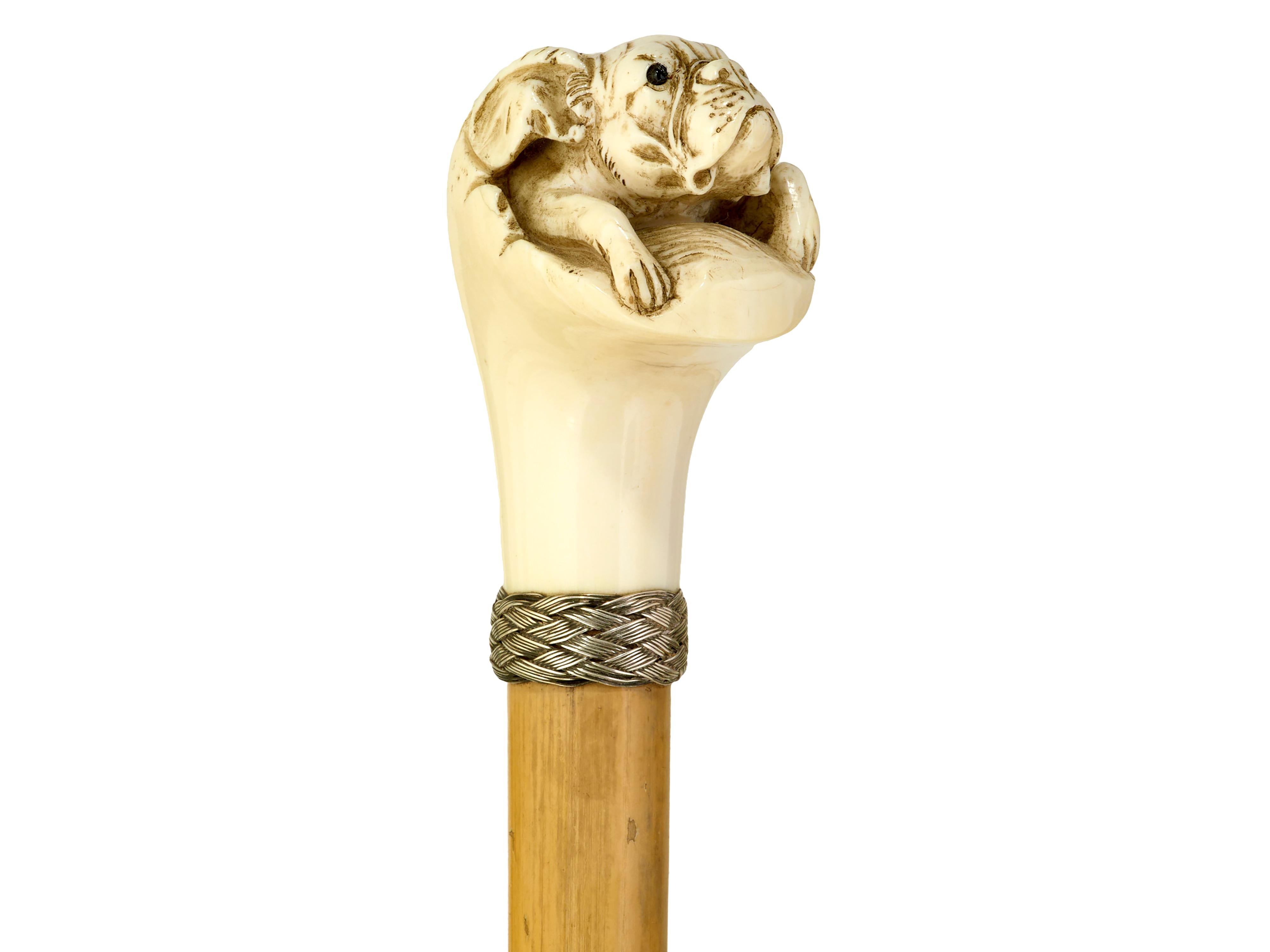 Victorian Walking cane with carved French bulldog For Sale