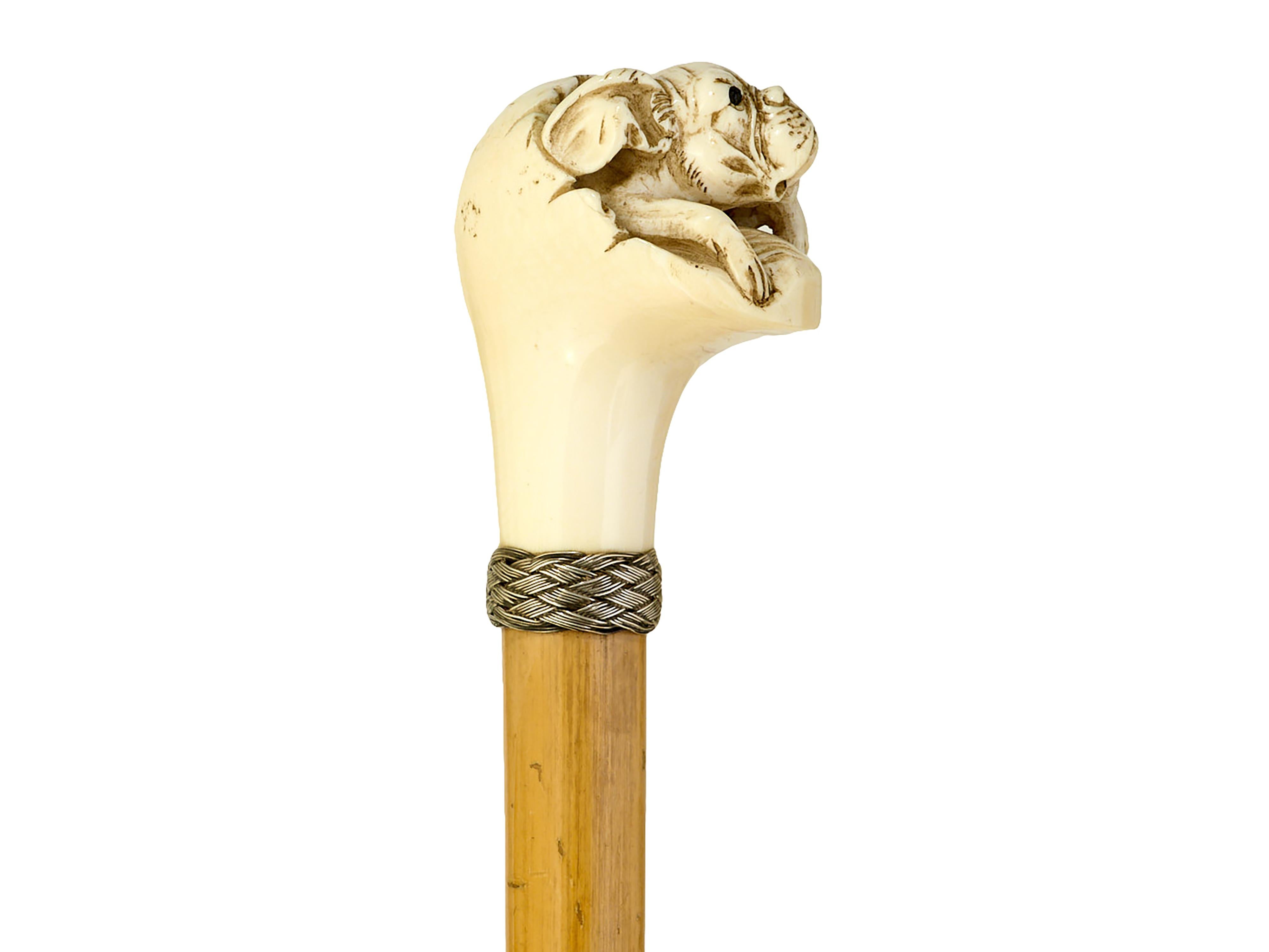 Late 19th Century Walking cane with carved French bulldog For Sale