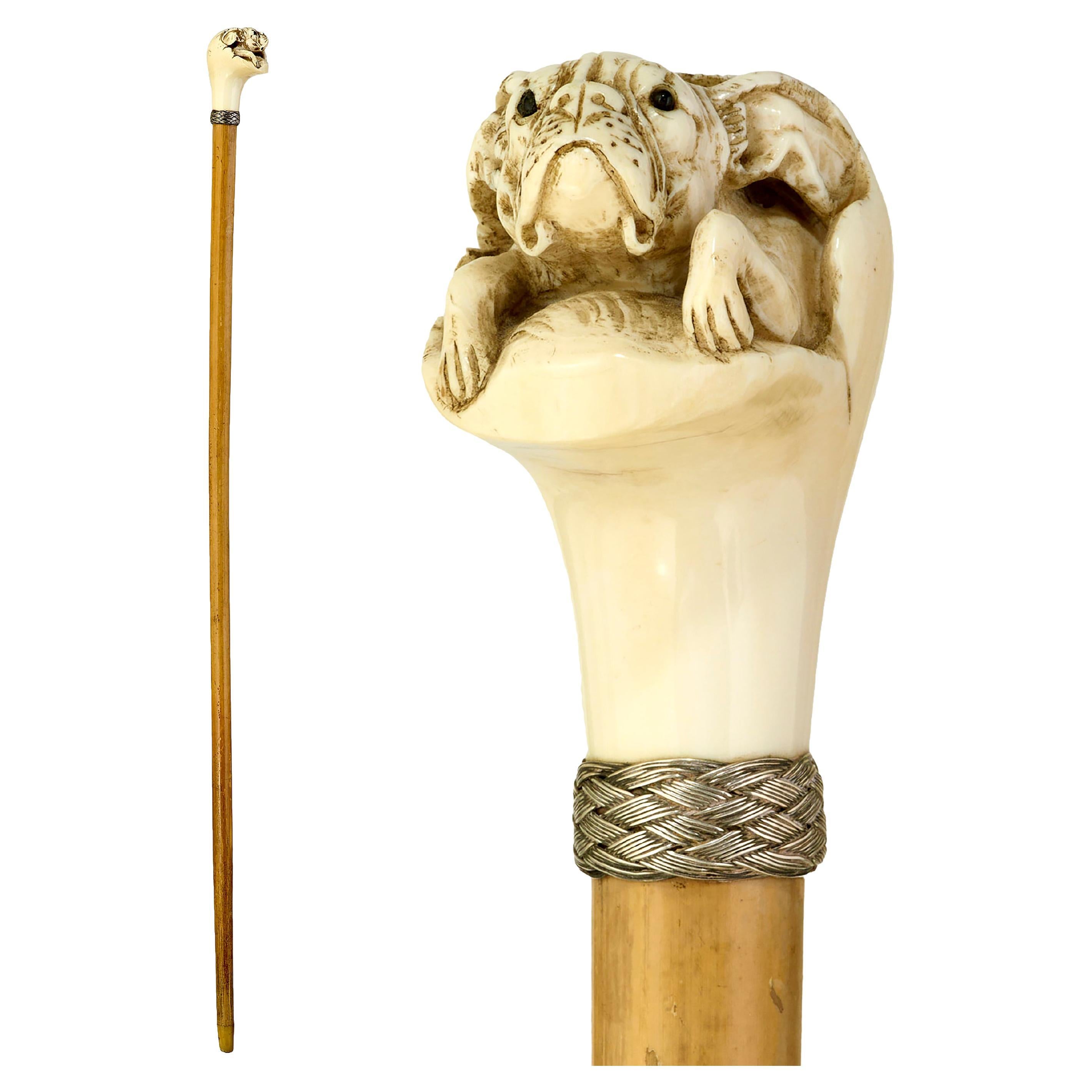 Walking cane with carved French bulldog For Sale