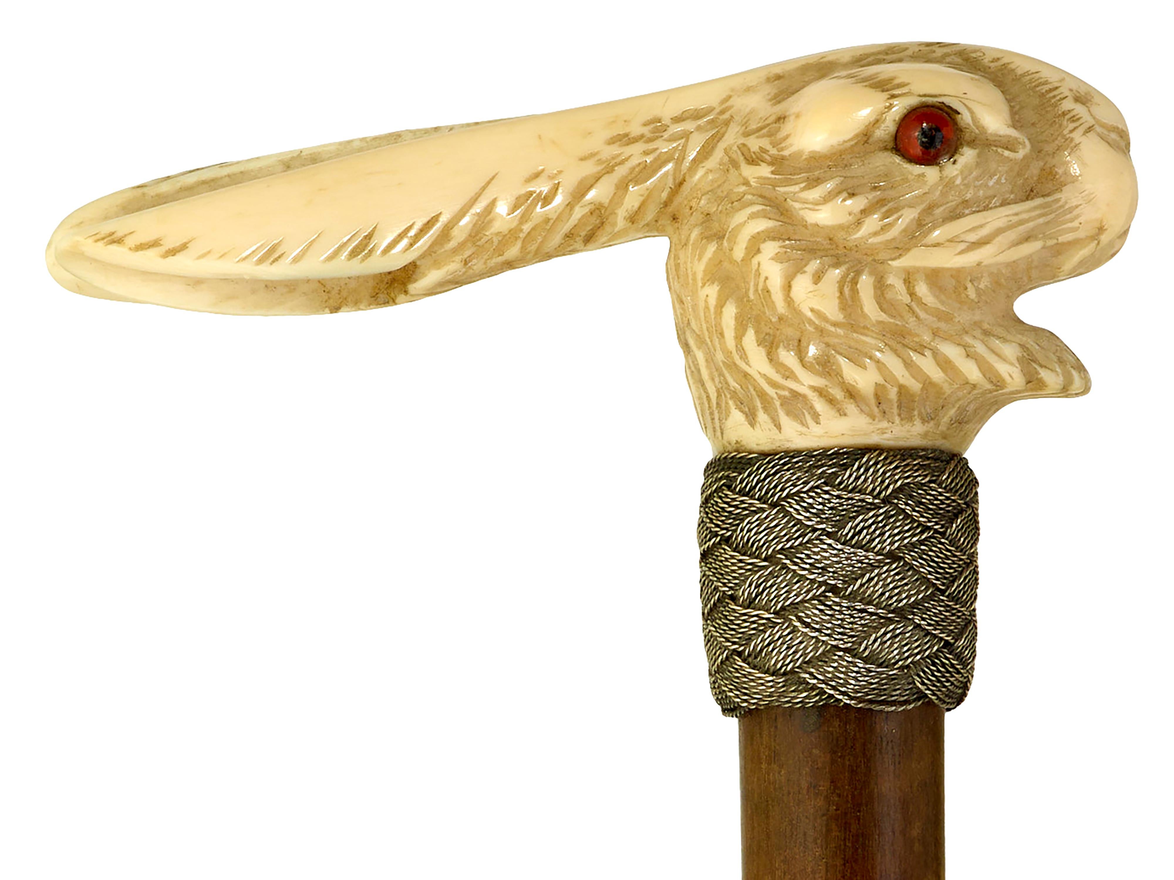 English Walking cane with carved hare For Sale