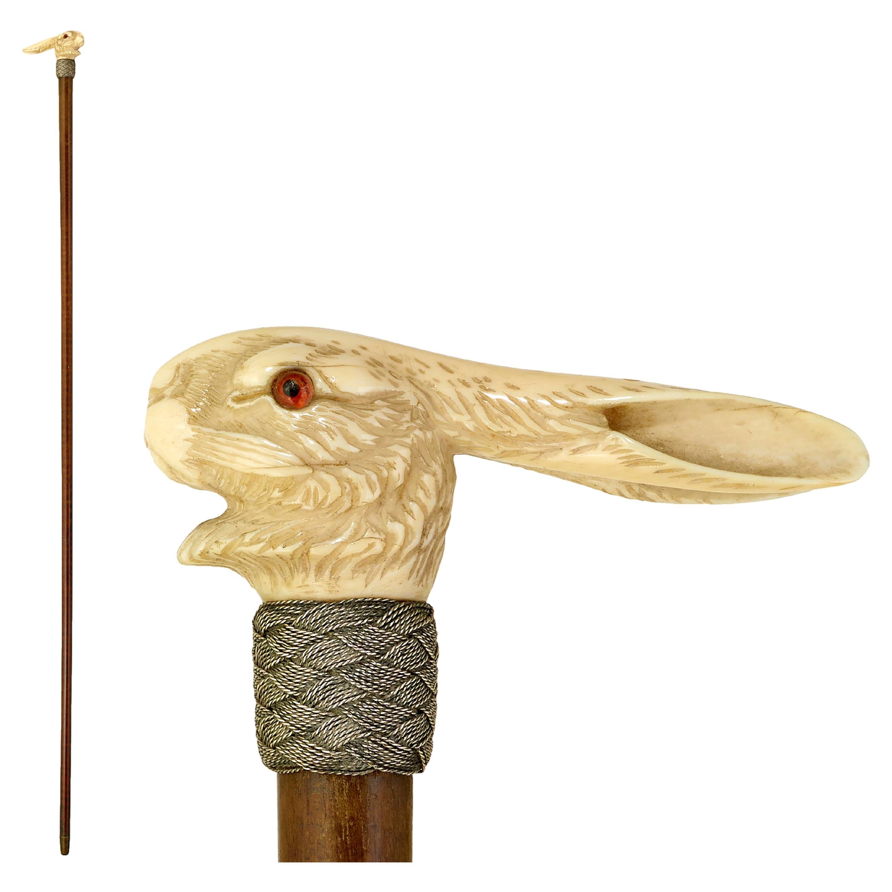 Walking cane with carved hare For Sale