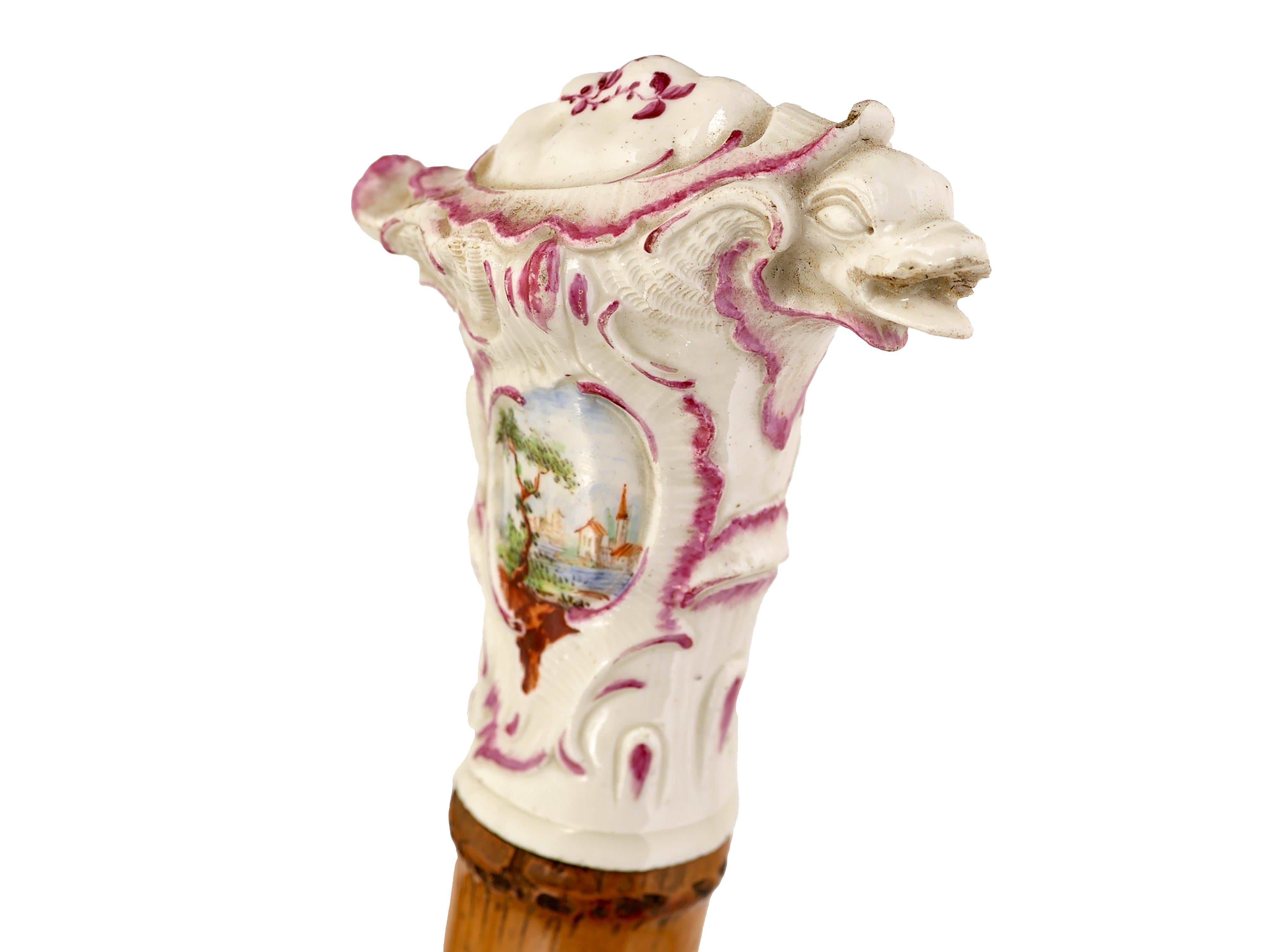 Carved Walking cane with Meissen top depicting a  turtle For Sale