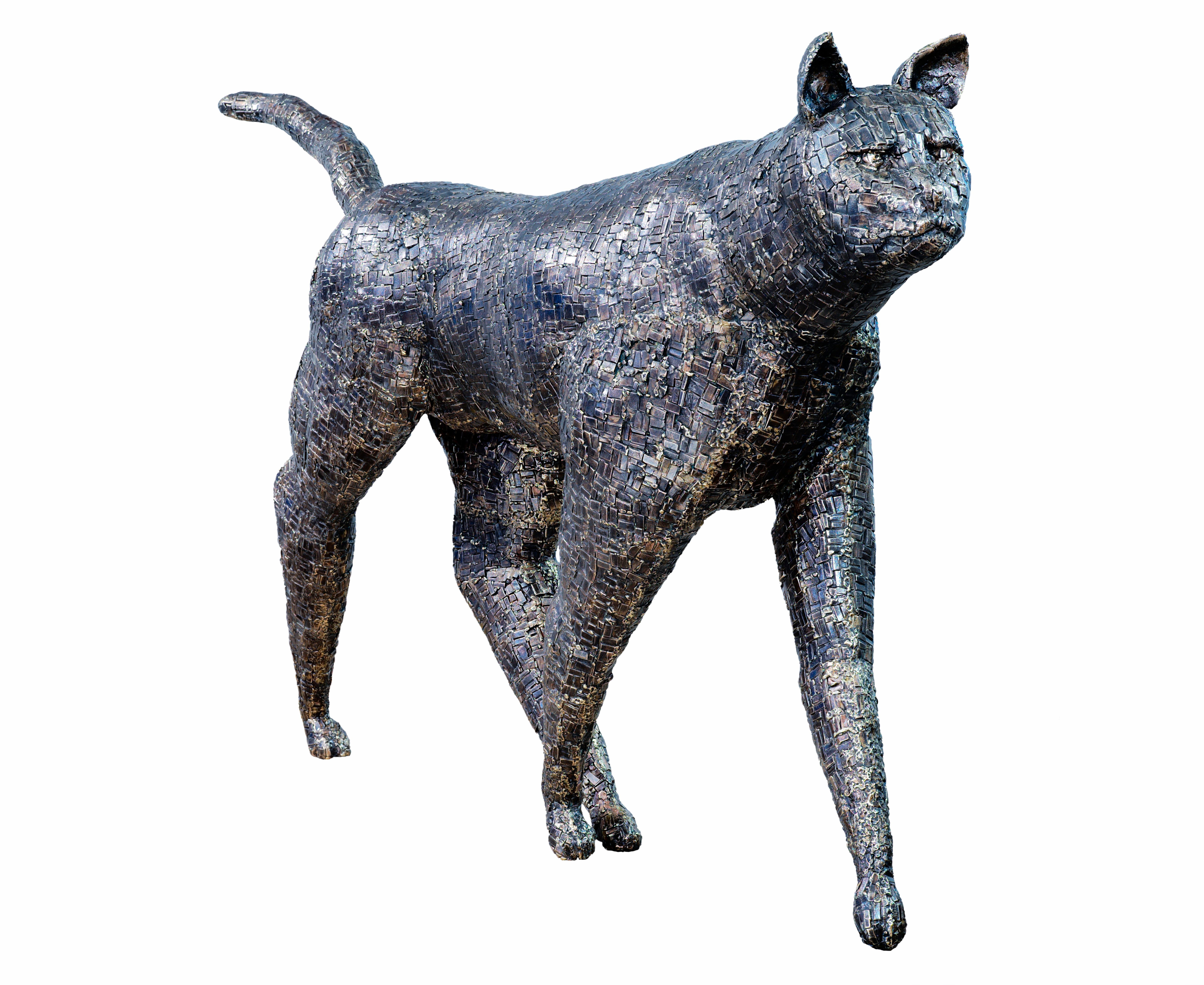 Walking Cat - Skulptur einer Katze aus Bronze in Löwengröße mit Mosaikmuster Oberfläche (Moderne) im Angebot