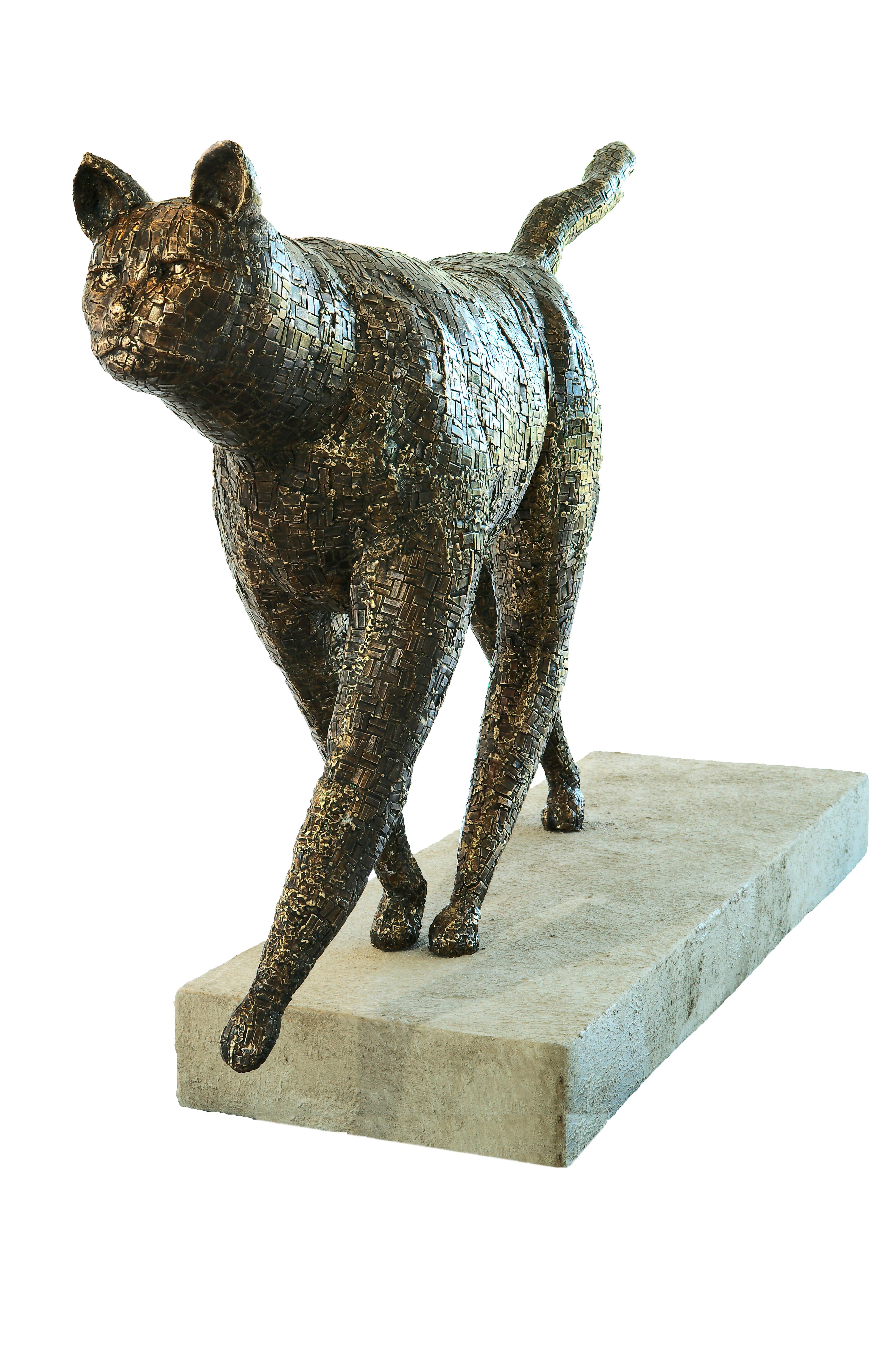 Hand-Crafted Walking Cat - Lion Sized Bronze Cat Sculpture with Mosaic Patterned Surface For Sale