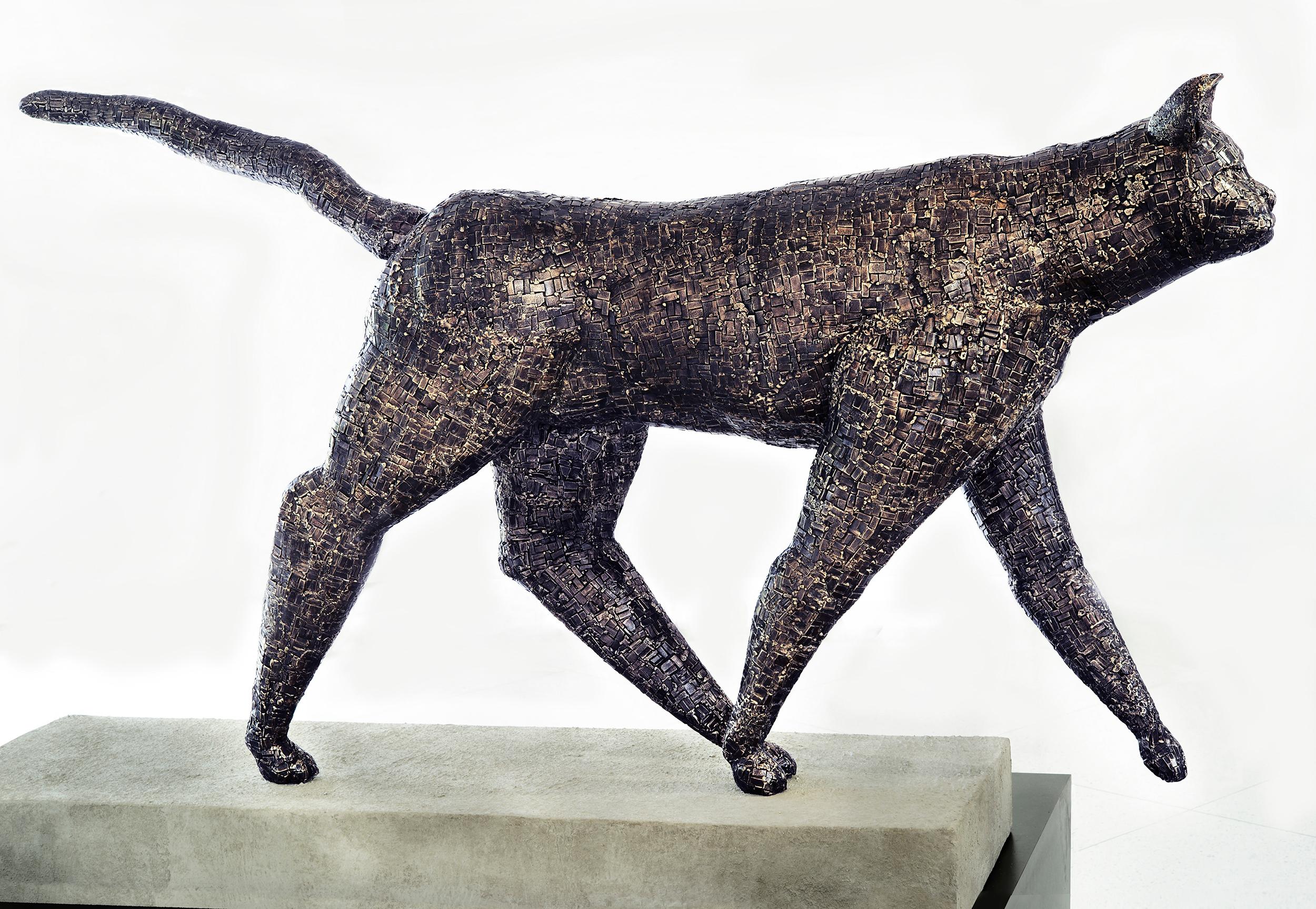 Walking Cat - Lion Sized Bronze Cat Sculpture with Mosaic Patterned Surface In New Condition For Sale In Chicago, IL