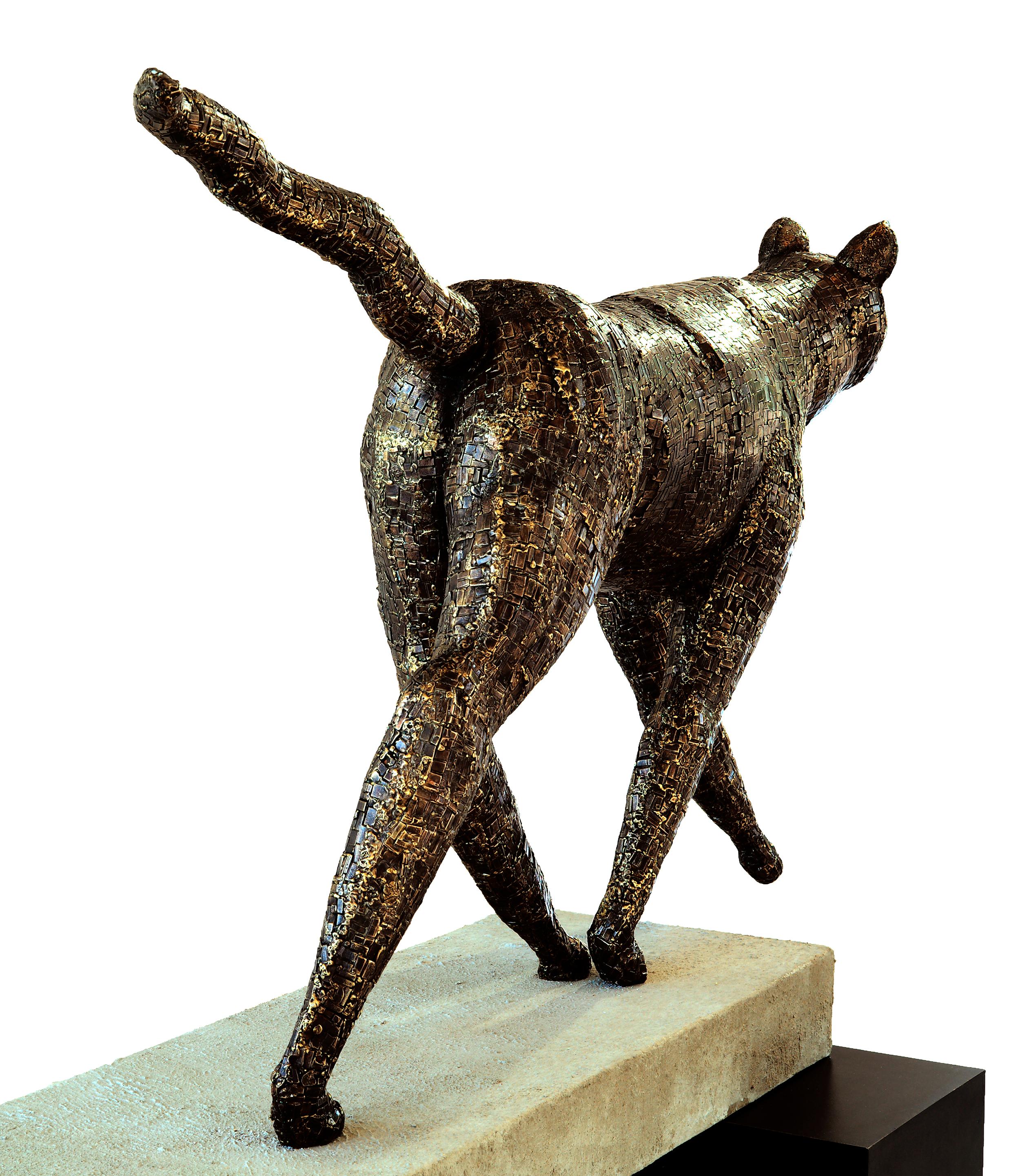 Contemporary Walking Cat - Lion Sized Bronze Cat Sculpture with Mosaic Patterned Surface For Sale