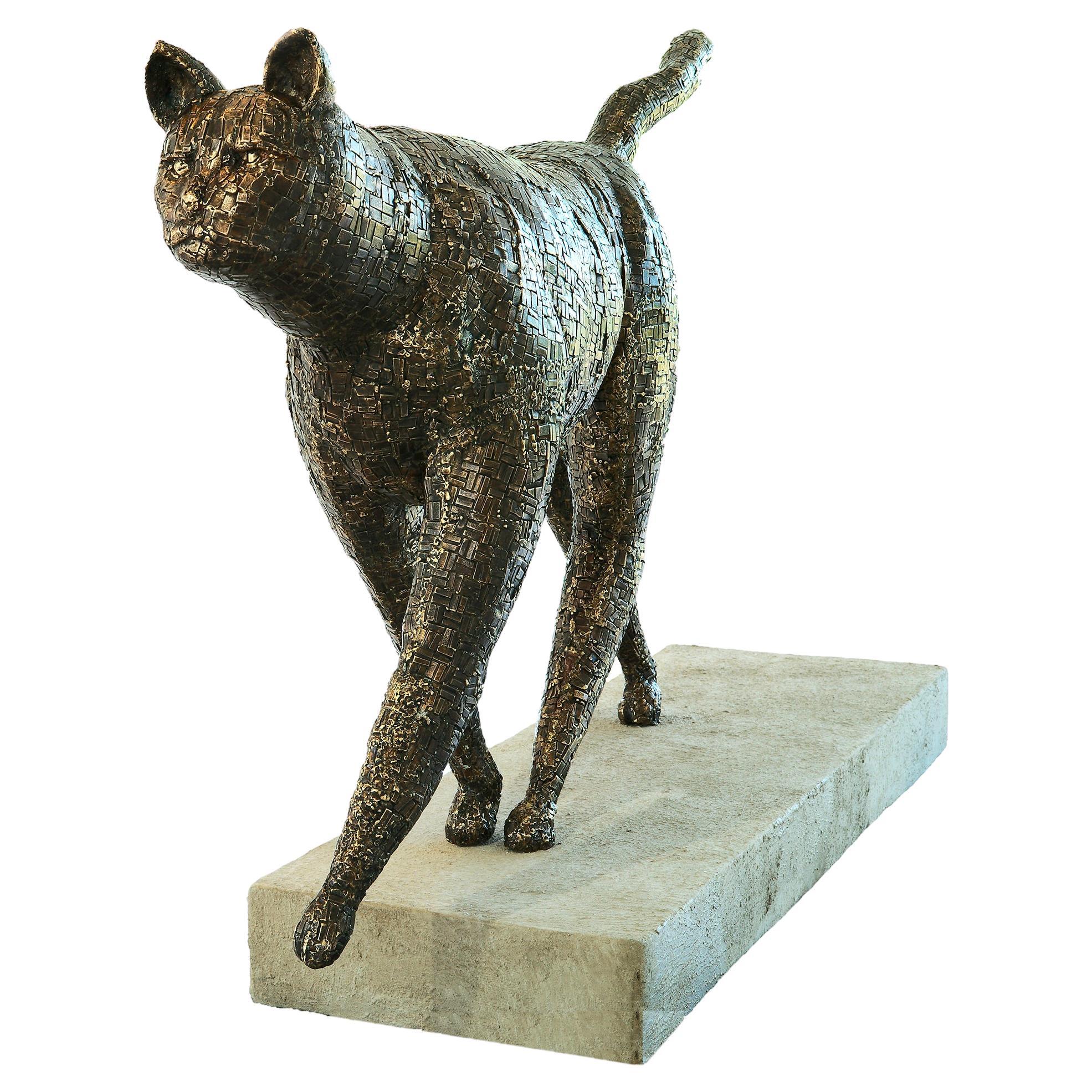 Walking Cat - Lion Sized Bronze Cat Sculpture with Mosaic Patterned Surface For Sale