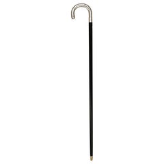 Walking Crook Cane High Gloss Black Wood Silver Handle & Brass Tip Made Italy