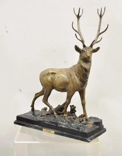 "Walking Deer" Bronze Stag Statue Sculpture on Marble Base After Charles Paillet