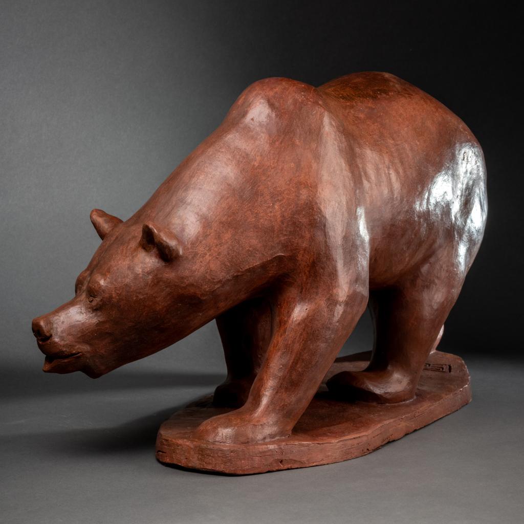Art Deco Walking grizzli bear : Terracota original sculpture - Monogrammed, France c.1960 For Sale