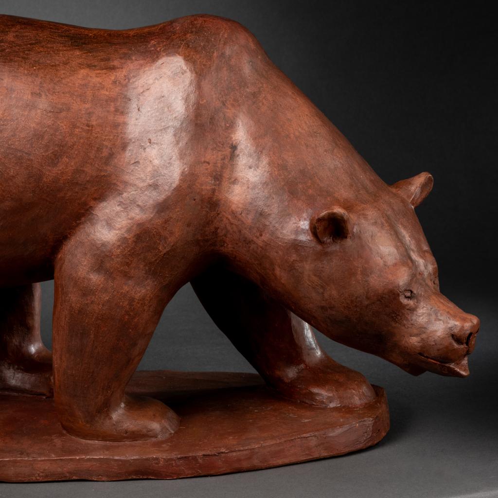 Patinated Walking grizzli bear : Terracota original sculpture - Monogrammed, France c.1960 For Sale