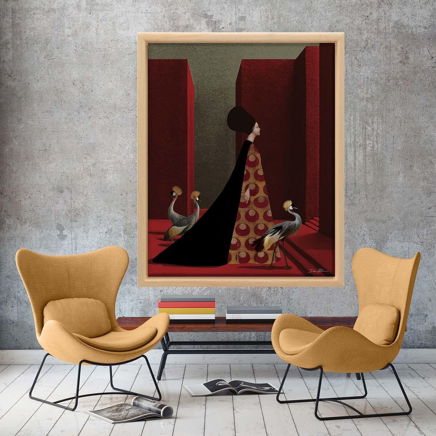 Female sacredness is recurrent in this artist's pop-surrealist works. The splendid priestess crosses the metaphysical architecture of her palace, embodying the archaic mystery of femininity. On a panel of fine cotton pictorial canvas, the piece is