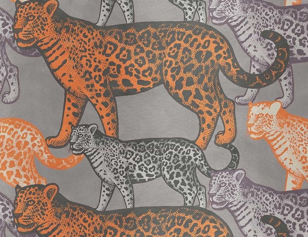 This superb wall covering is part of the Walking Leopards collection, distinctive for the juxtaposition of naturalistically rendered animals in three different color combinations. The grey and orange hues are both sophisticated and bold for a