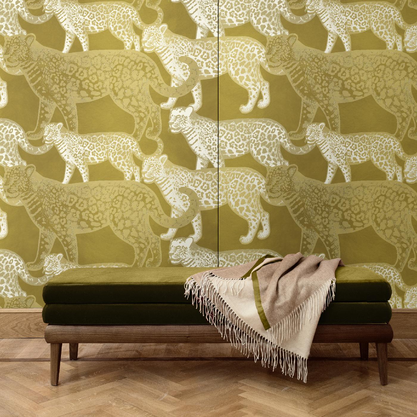 Part of the Walking Leopards collection, this wall covering is a bold and elegant choice for a modern interior. It will make a statement in an entryway, study, or powder room, where the combination of warm colors and the mesmerizing scene depicted