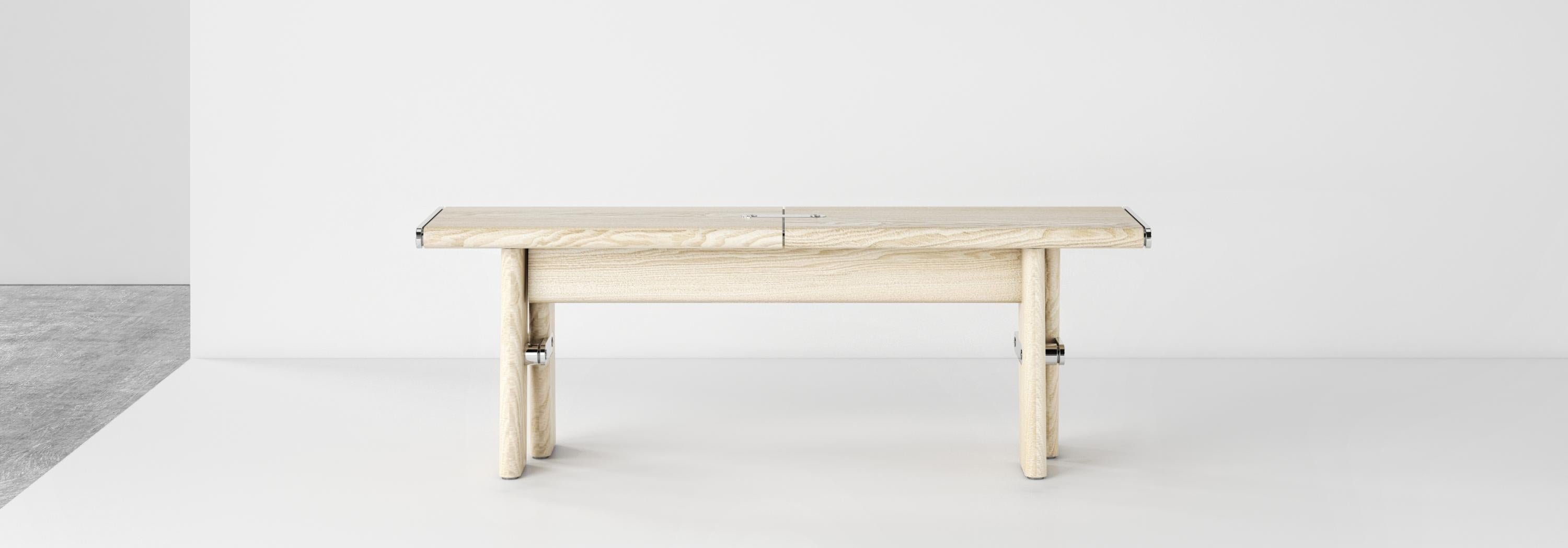 Named after its legs, which resemble those of a human being in motion, Walking Man bench is part of the product family consisting of a solid wood table and a matching bench. Made of solid wood, the products showcase the pure use of material and