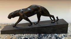 Walking Panther Sculpture, Patinated Cast Bronze, France, Mid-20th Century