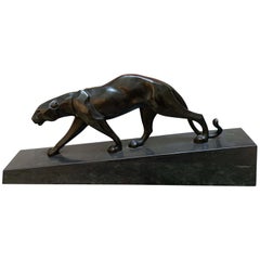 Walking Panther Sculpture, Patinated Cast Bronze, France, Mid-20th Century