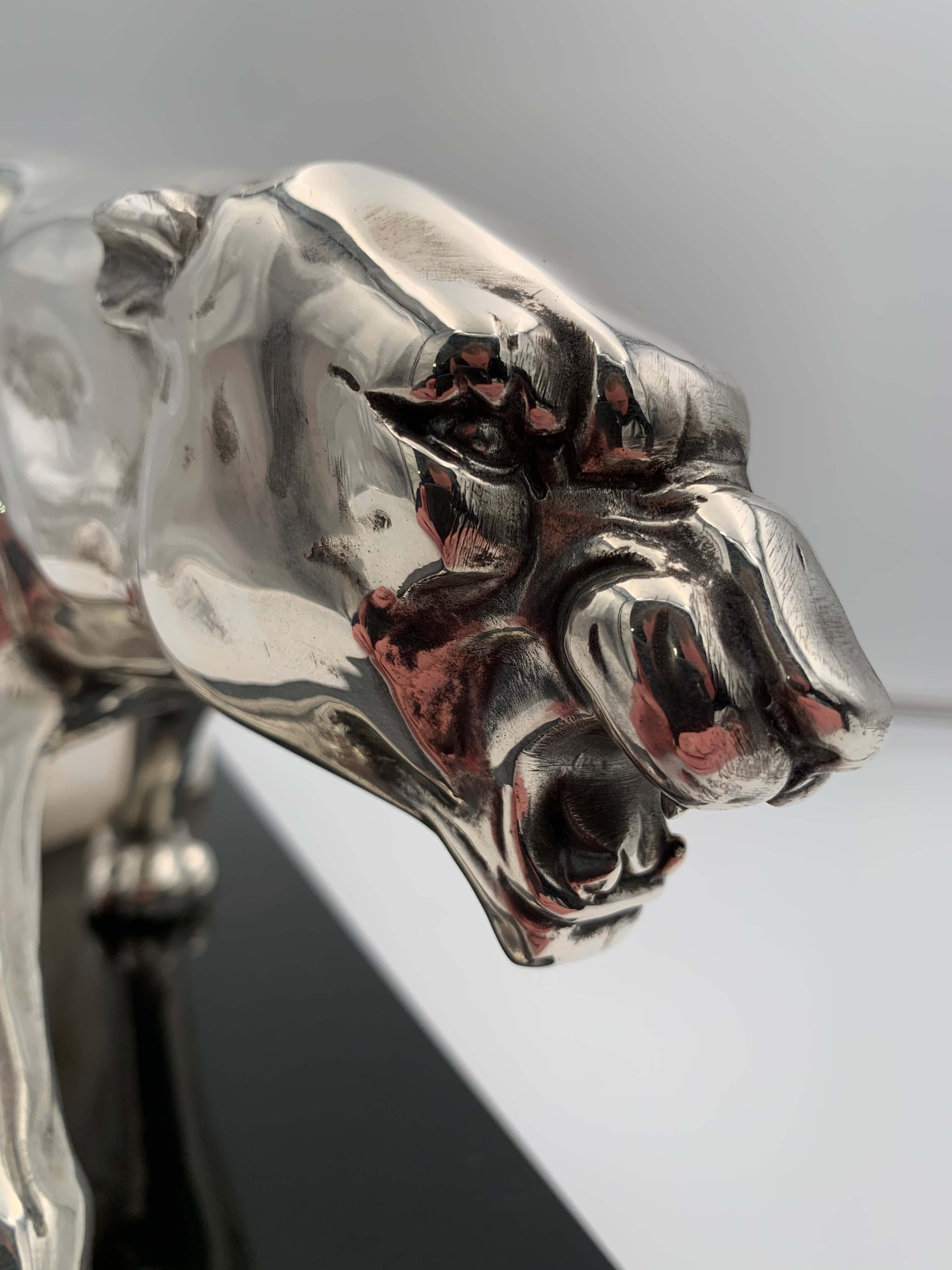 Walking Panther Sculpture, Silver-Plate, Marble, France, circa 1930 For Sale 2