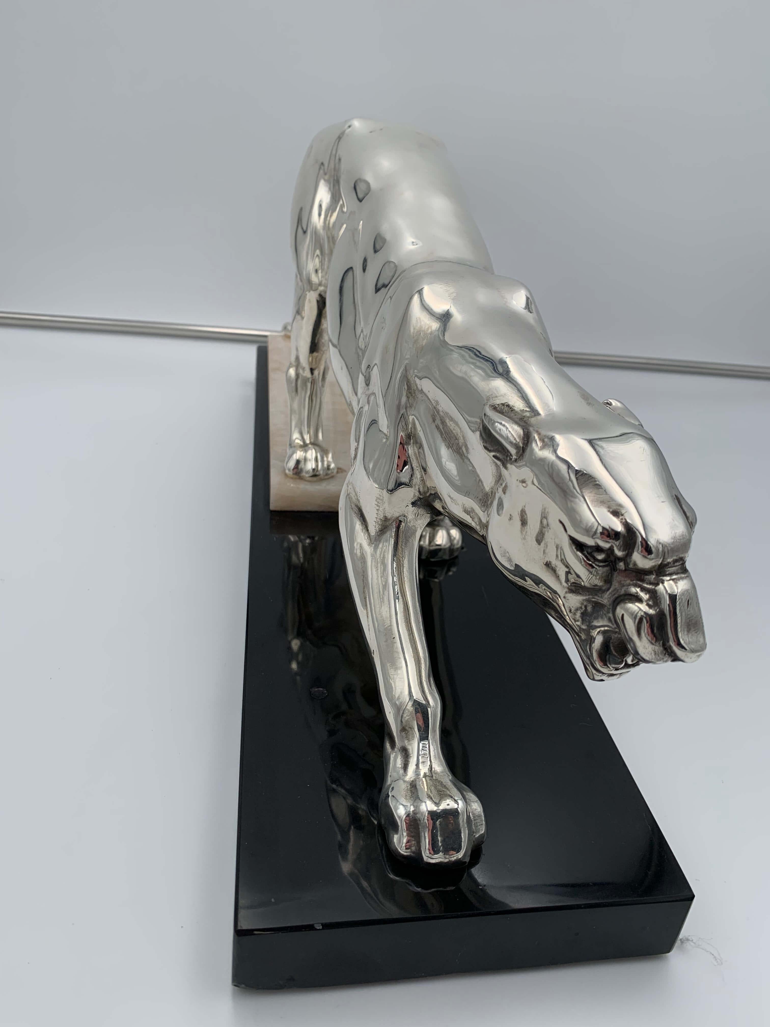 Walking Panther Sculpture, Silver-Plate, Marble, France, circa 1930 For Sale 4