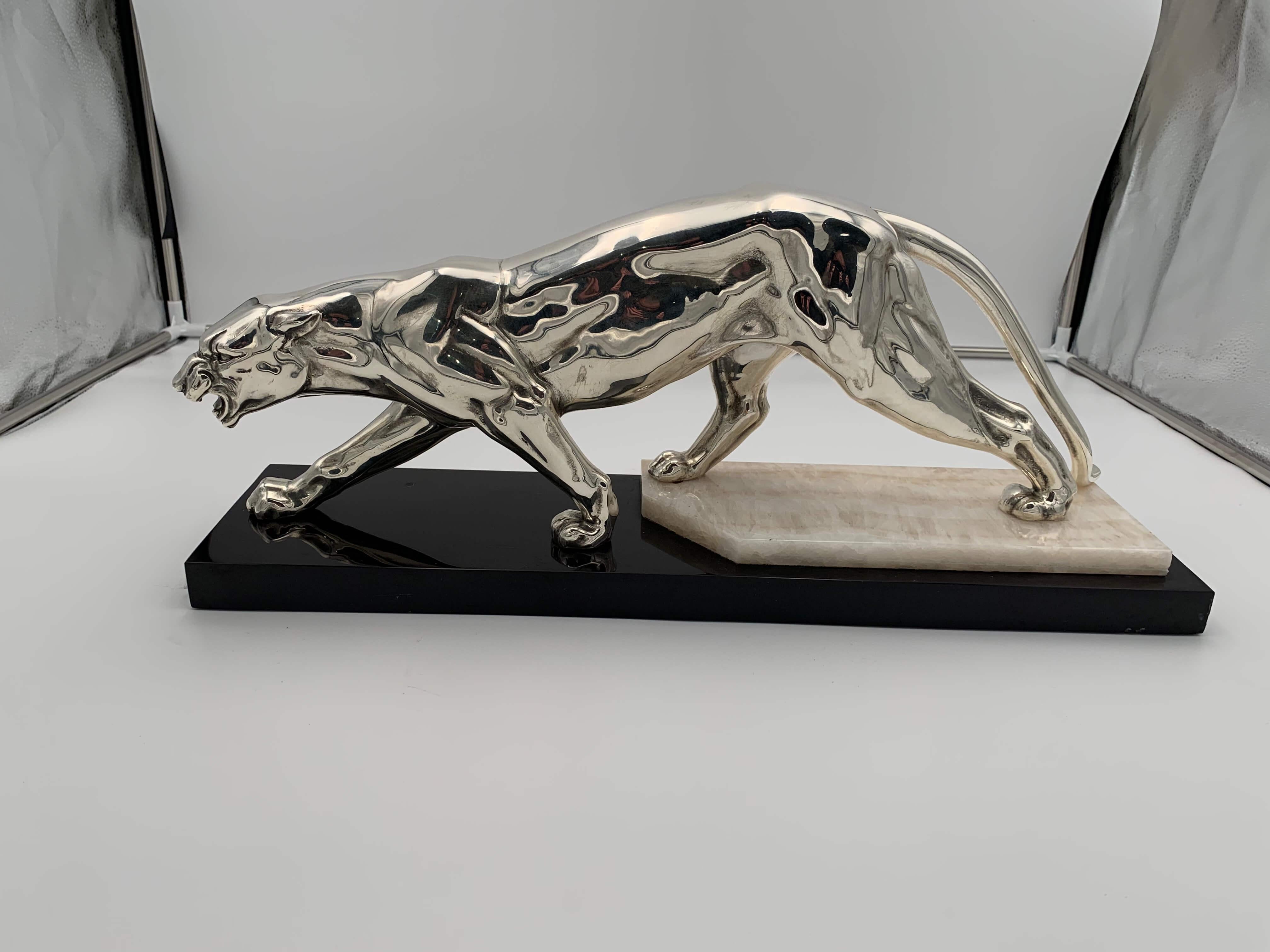 Art Deco Walking Panther Sculpture, Silver-Plate, Marble, France, circa 1930 For Sale