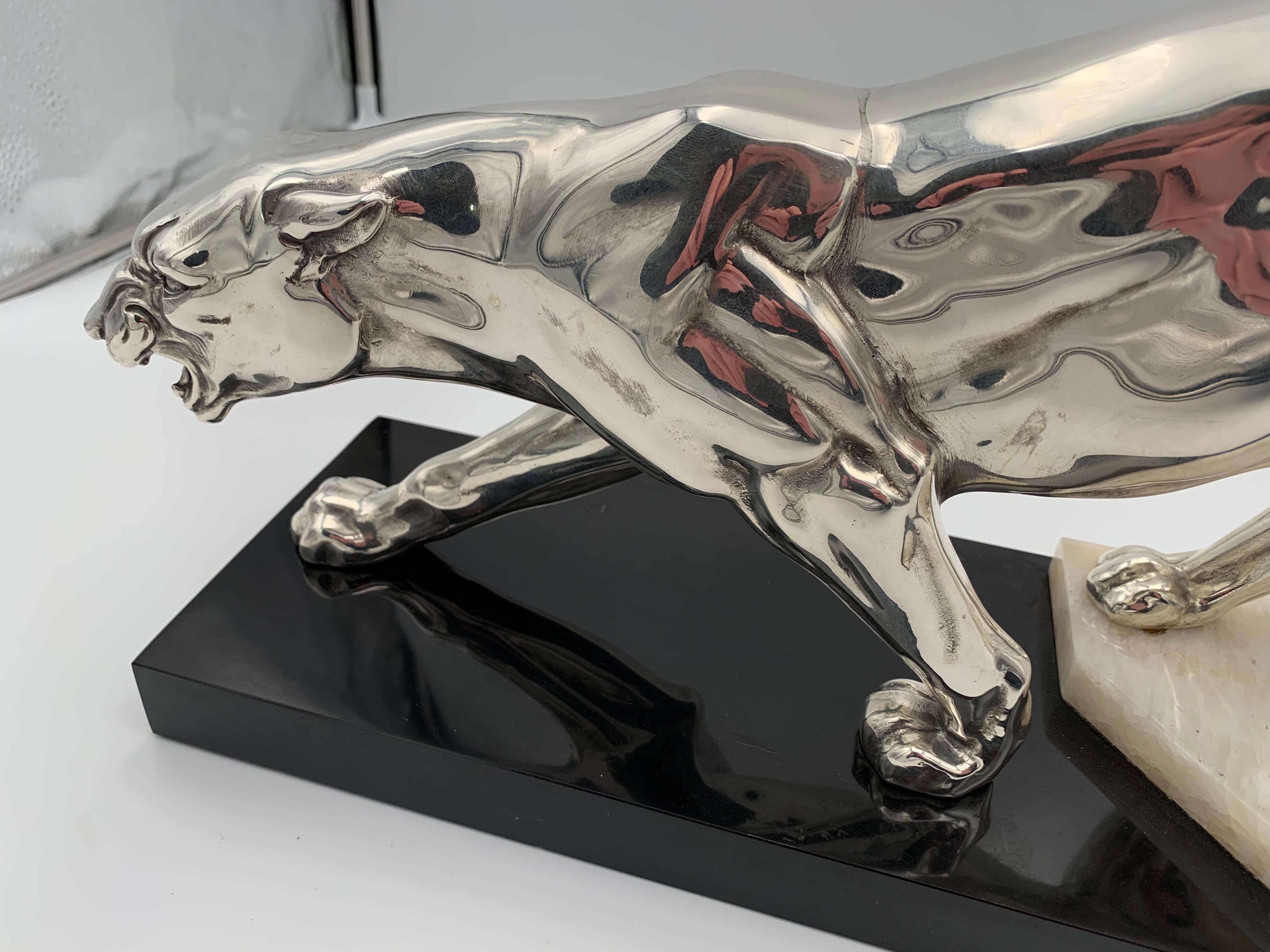 Galvanized Walking Panther Sculpture, Silver-Plate, Marble, France, circa 1930 For Sale