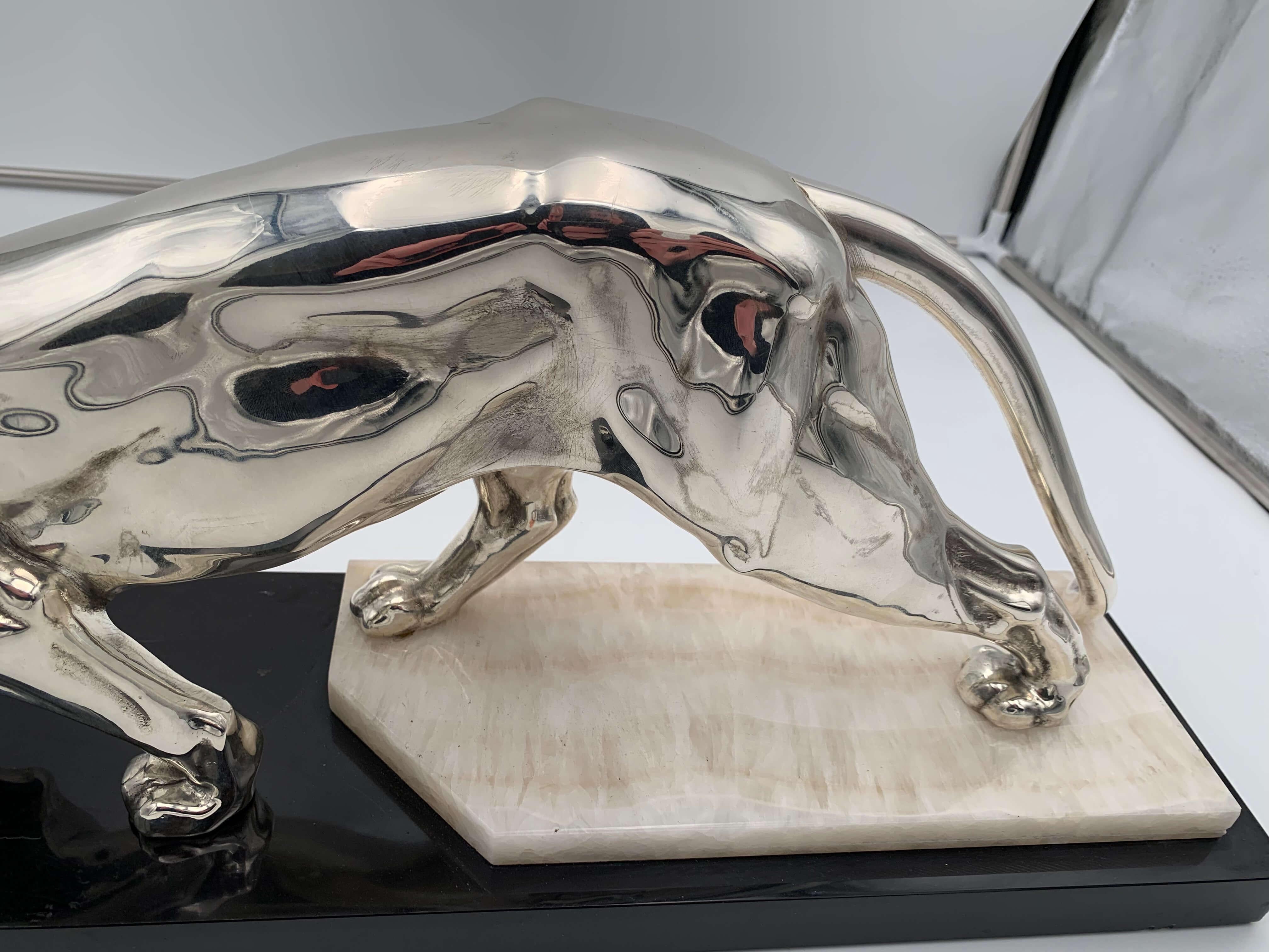 Art Deco Walking Panther Sculpture, Silver-Plate, Marble, France, circa 1930 For Sale