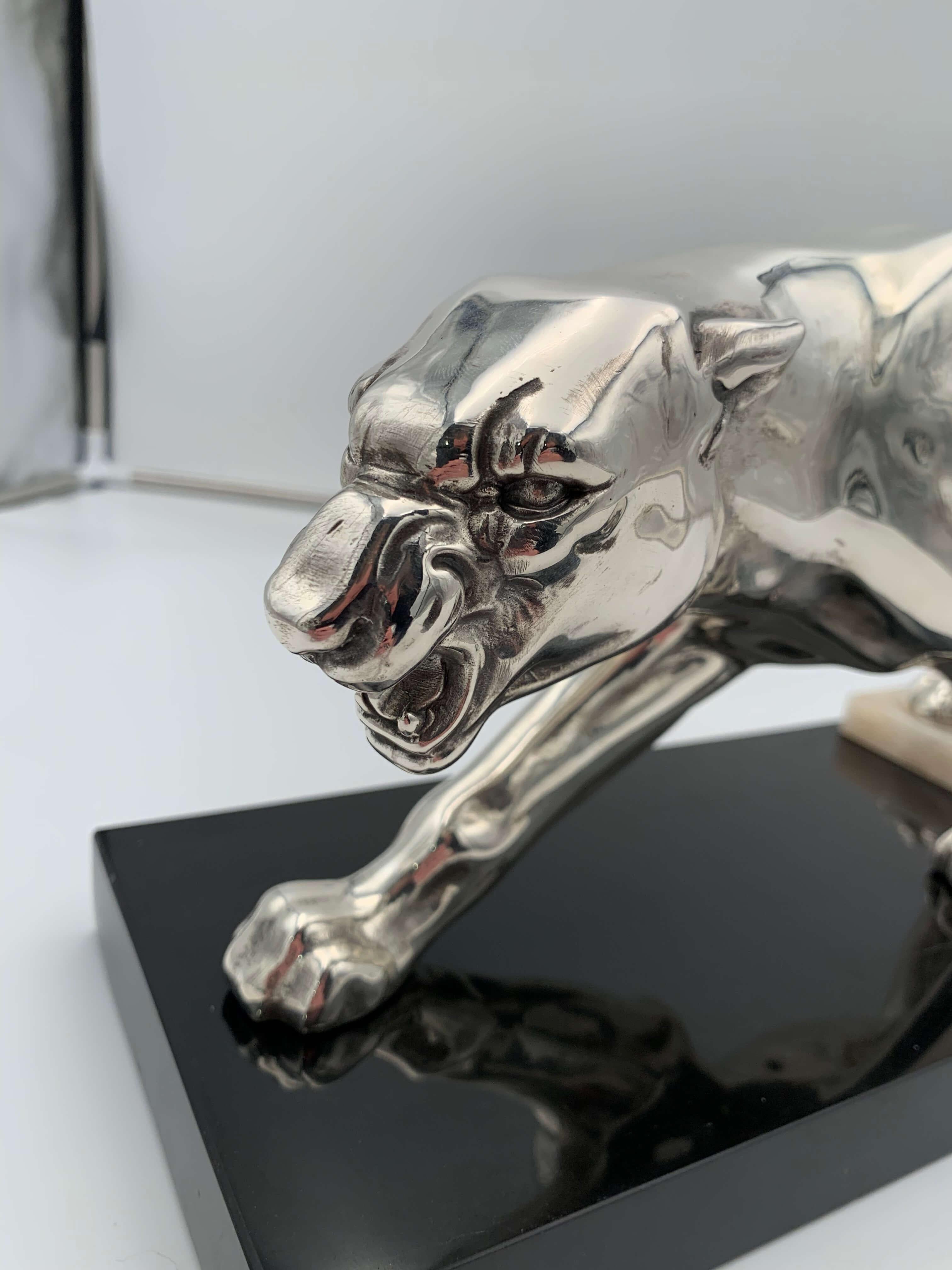 French Walking Panther Sculpture, Silver-Plate, Marble, France, circa 1930 For Sale