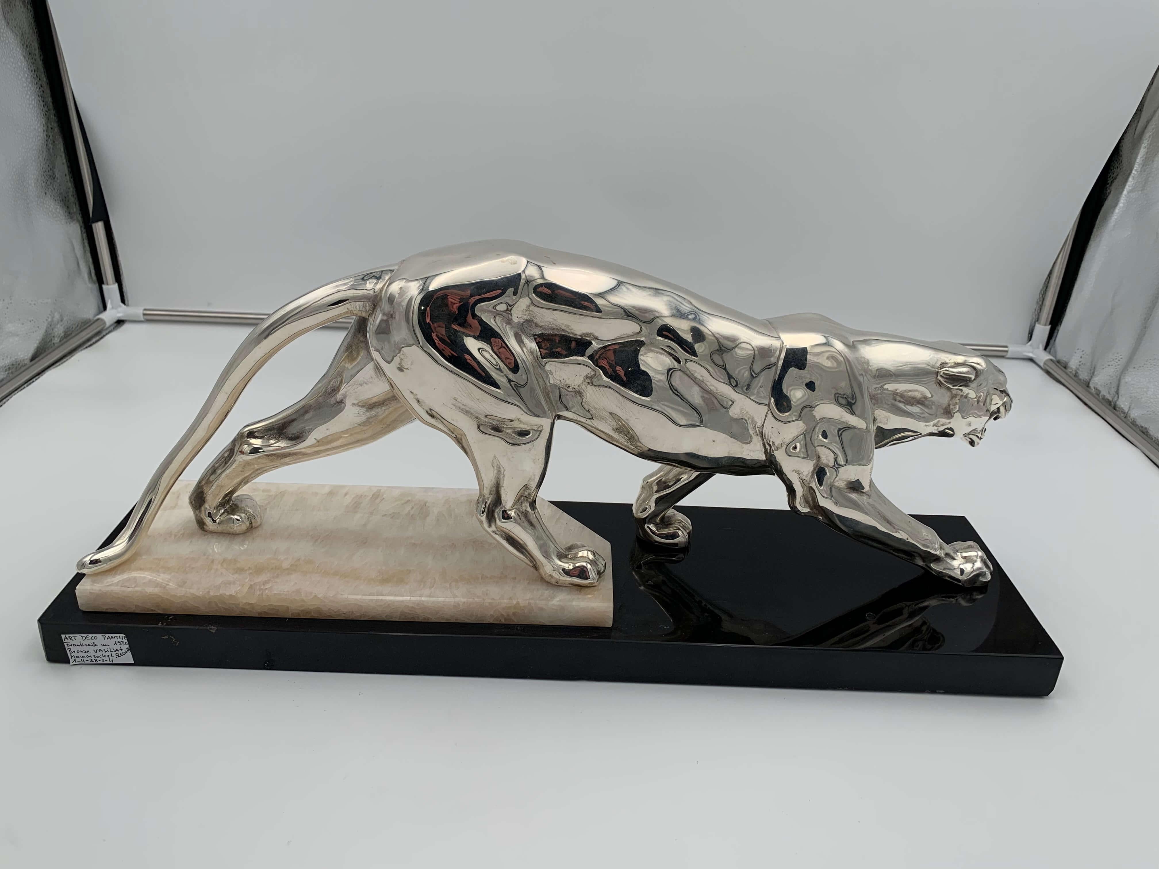 Metal Walking Panther Sculpture, Silver-Plate, Marble, France, circa 1930 For Sale