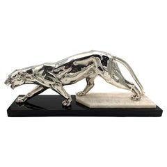 Walking Panther Sculpture, Silver-Plate, Marble, France, circa 1930