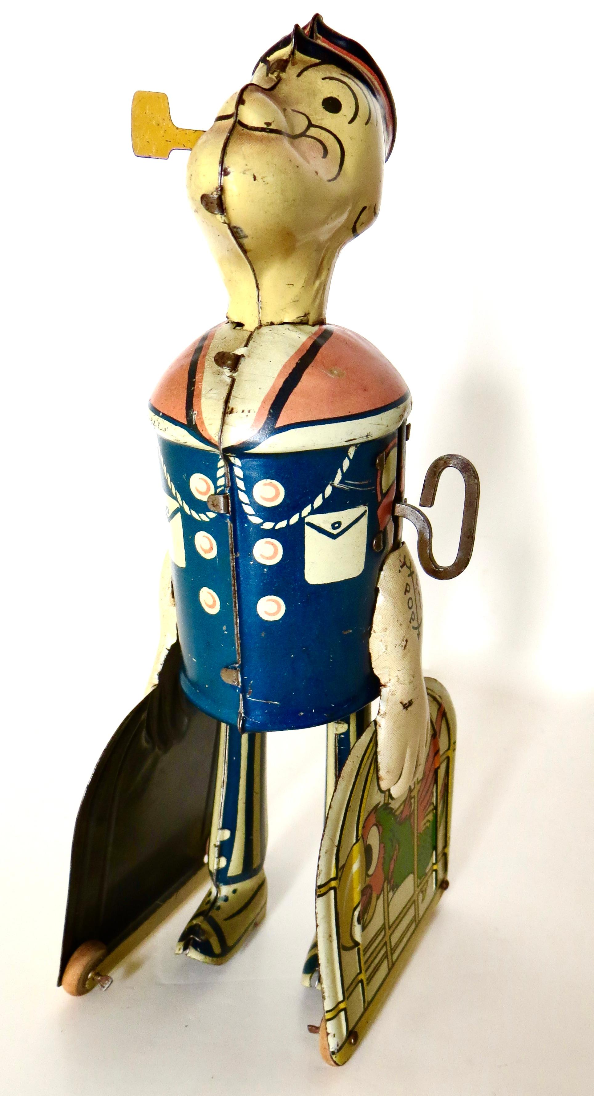 „Walking Popeye“ mit Papageien Vintage Windup-Spielzeug von Marx Toy Co. im Zustand „Gut“ im Angebot in Incline Village, NV