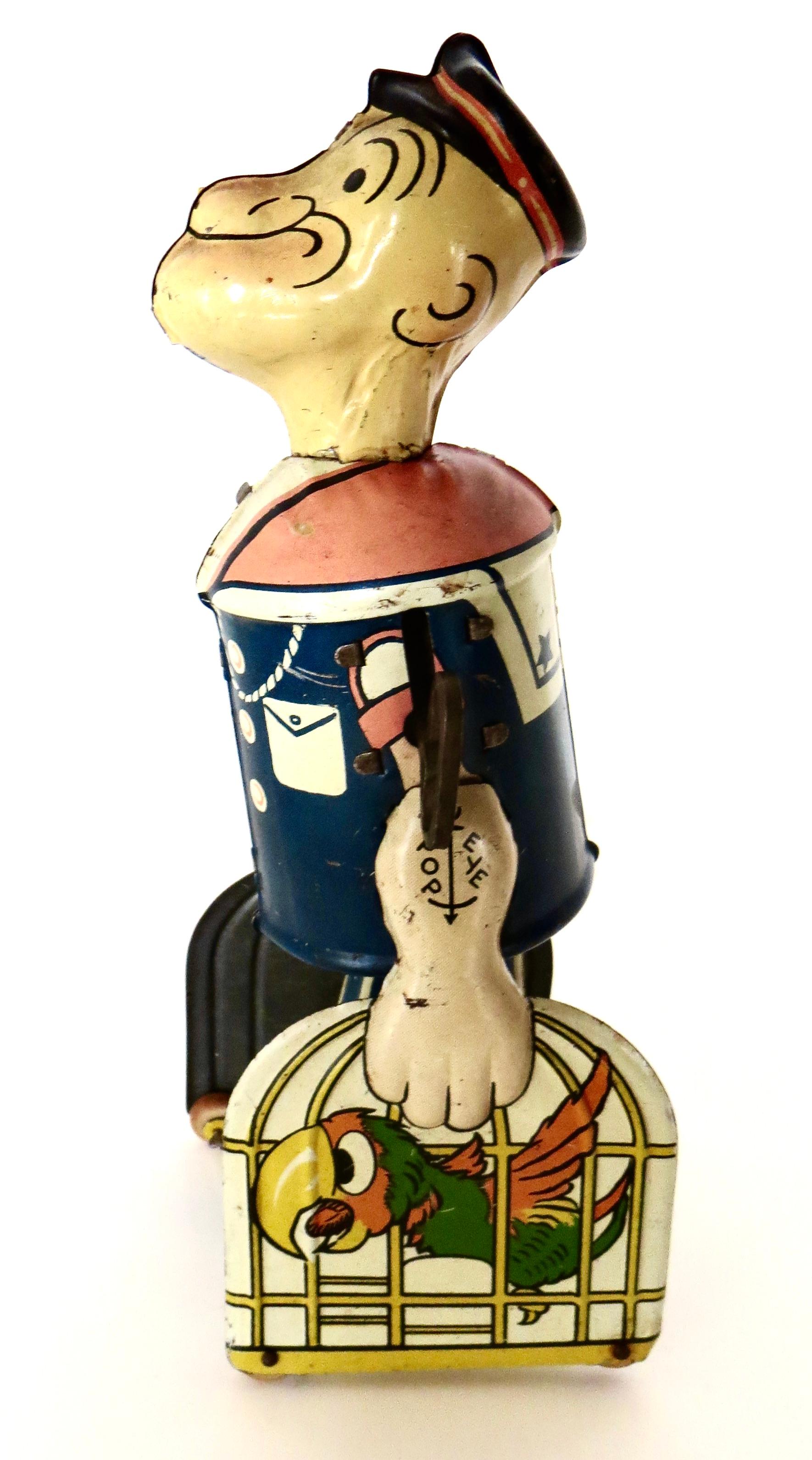„Walking Popeye“ mit Papageien Vintage Windup-Spielzeug von Marx Toy Co. (Mitte des 20. Jahrhunderts) im Angebot