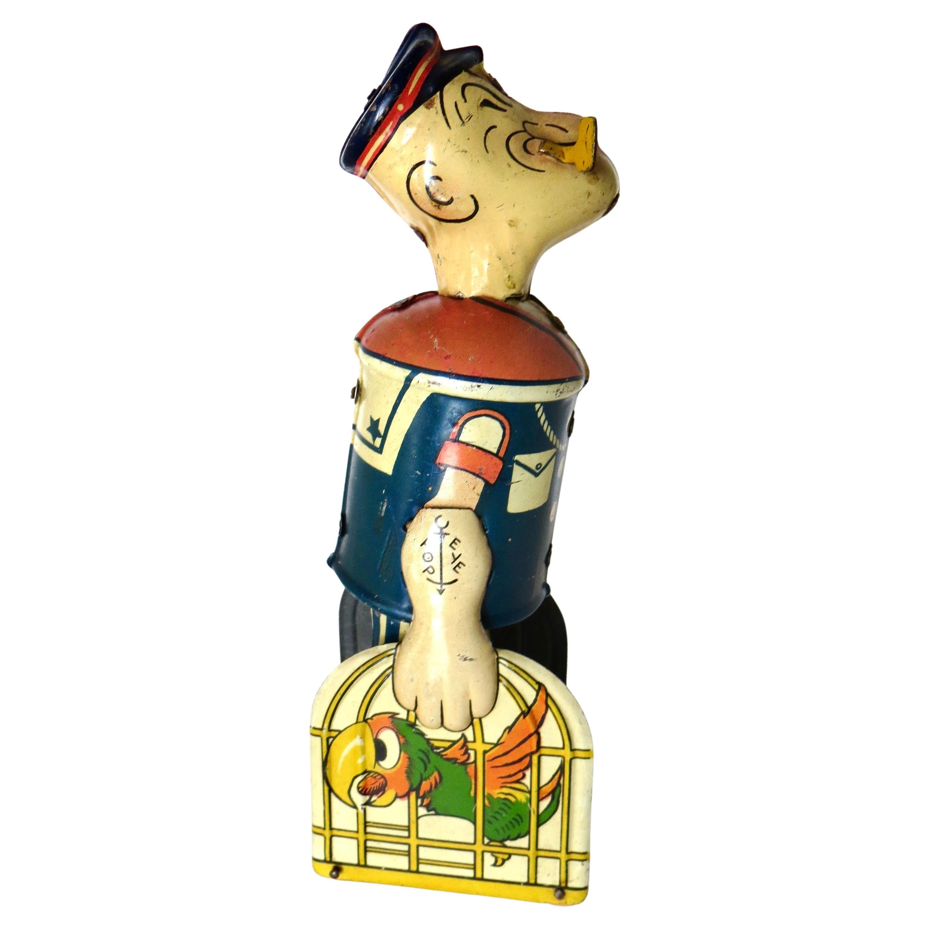 „Walking Popeye“ mit Papageien Vintage Windup-Spielzeug von Marx Toy Co.