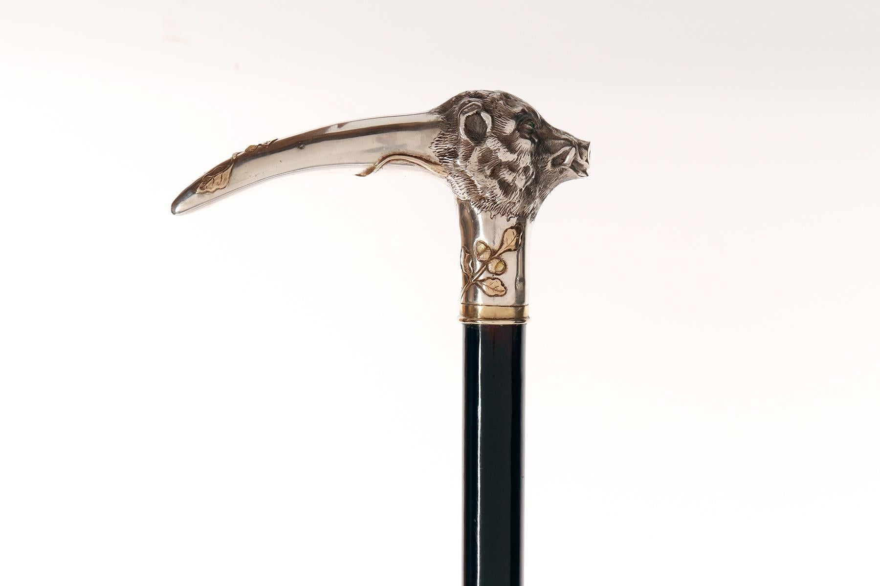 Czech Walking stick, a boar’s head, by Joseph Ladislav Nēmec, Prague 1900. For Sale