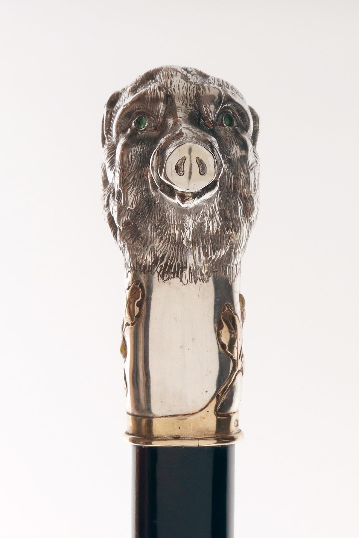 Walking stick, a boar’s head, by Joseph Ladislav Nēmec, Prague 1900. In Good Condition For Sale In Milan, IT