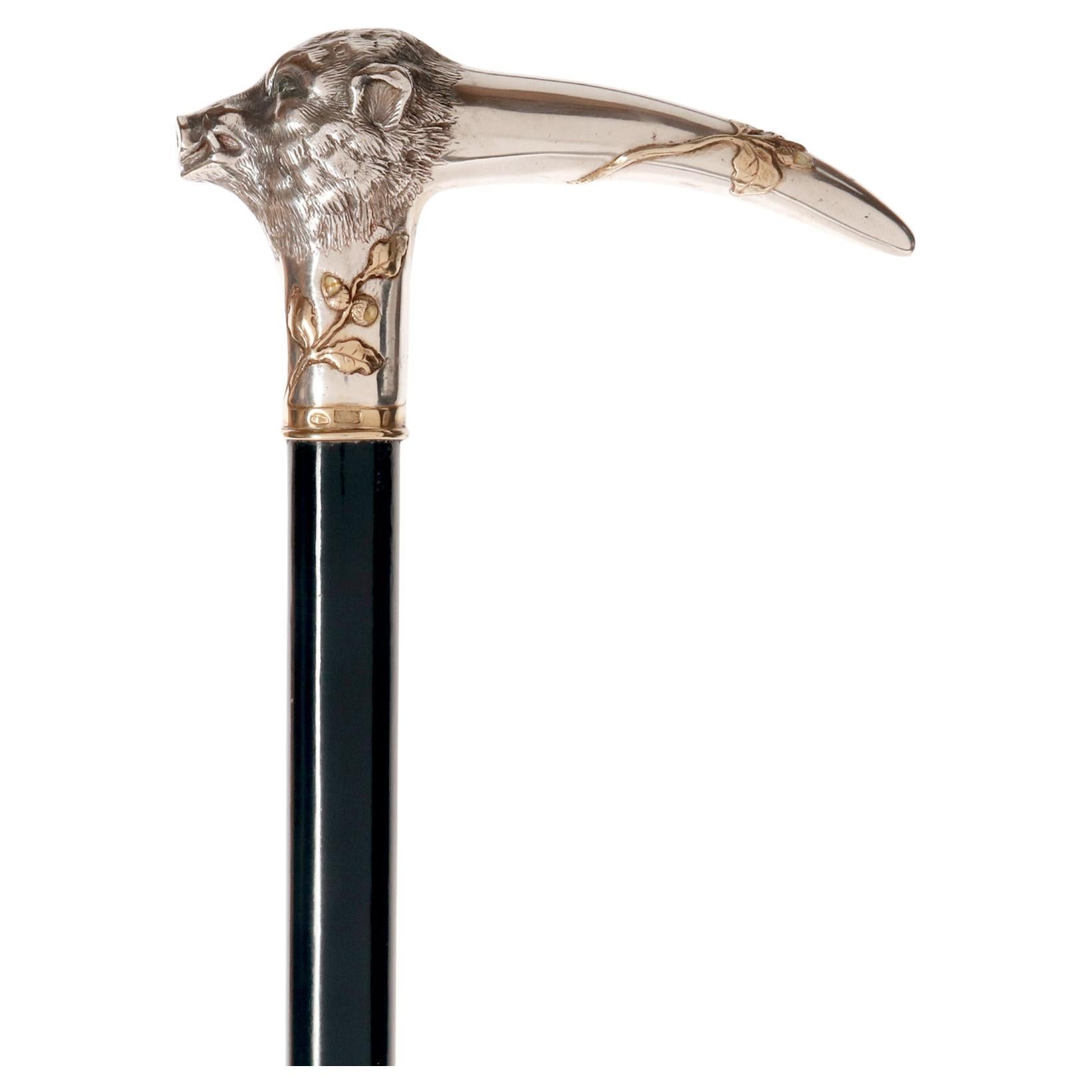 Walking stick, a boar’s head, by Joseph Ladislav Nēmec, Prague 1900. For Sale