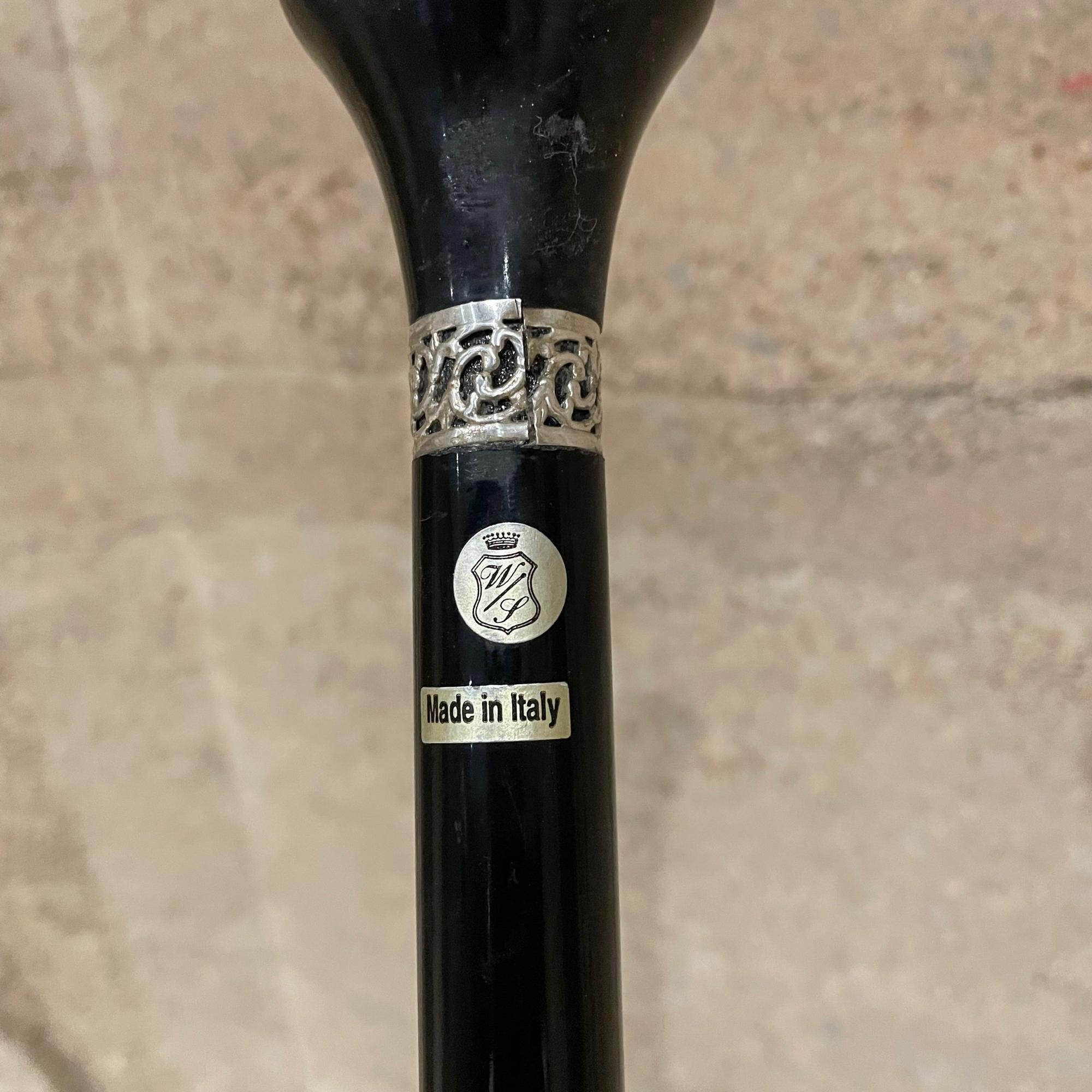 Mid-Century Modern 1930s Italian Silver Knob Ebonized Walking Cane Stick  For Sale