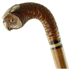 Antique Walking Stick Carved Wood Owl Head Handle Bearing Glass Eyes and Silver Accents