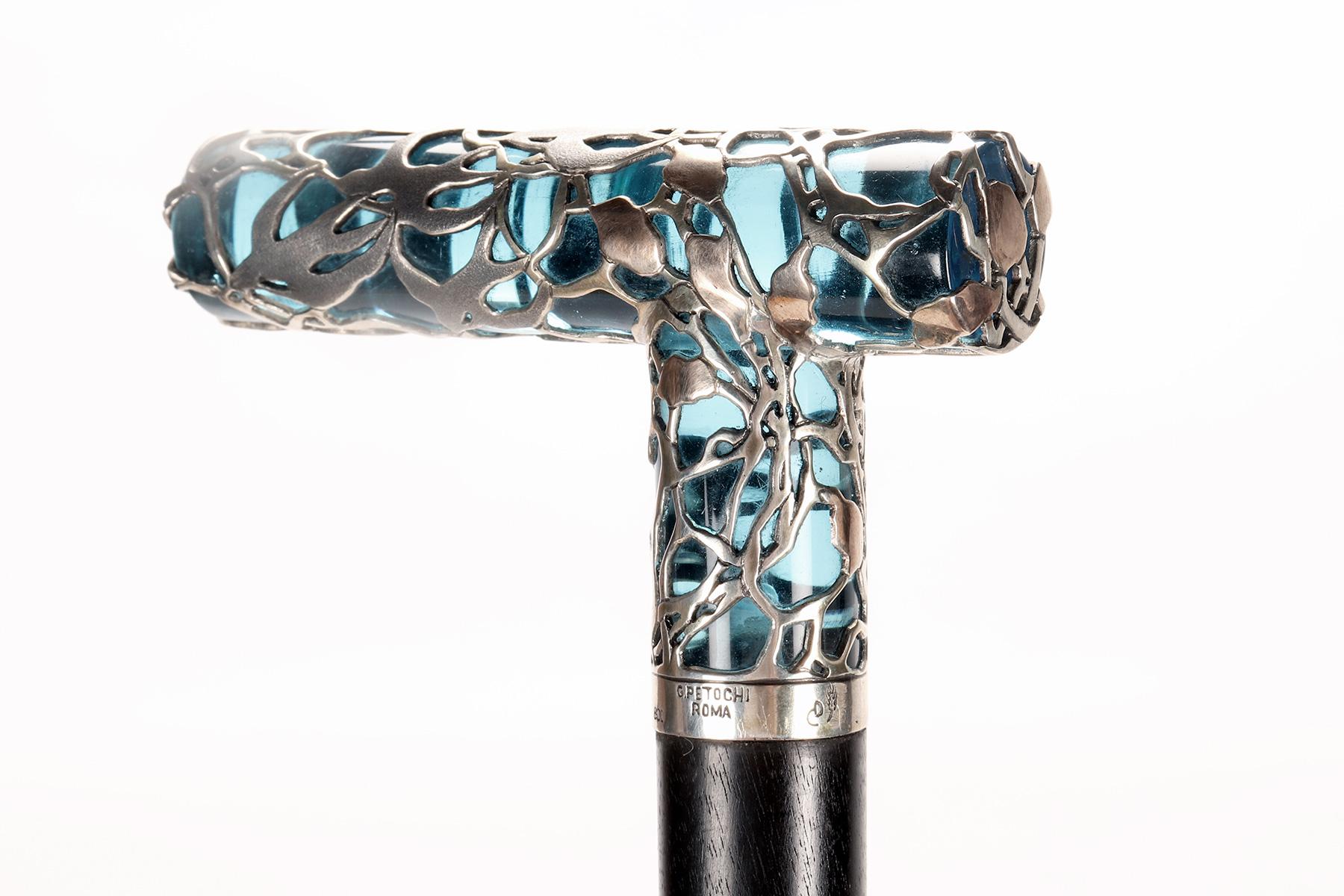 Silver Walking stick, Duilio Cambellotti and Petocchi swallows cane, Rome, Italy 1910. For Sale