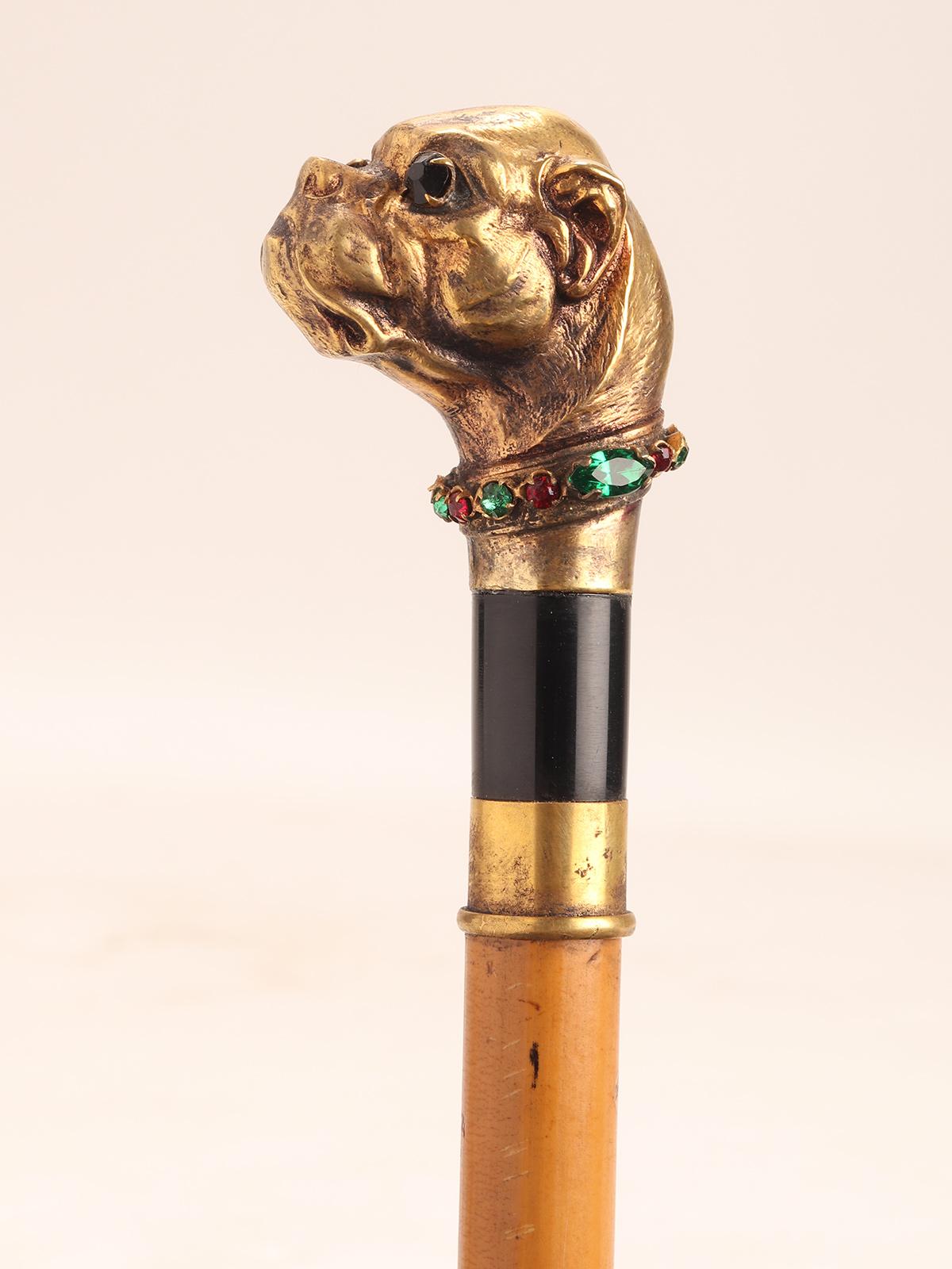 Métal Bâton de marche, poignée représentant une tête de carlin, France 1890 en vente