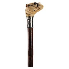 Pomello in avorio per bastone da passeggio con testa di cane carlino, Germania 1890.