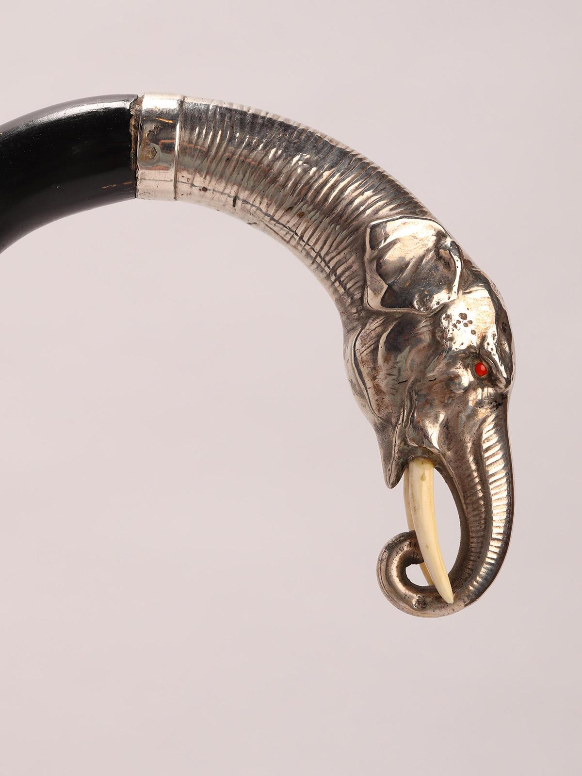 Walking stick, poignée en argent représentant une tête d'éléphant, Allemagne 1890. Bon état - En vente à Milan, IT